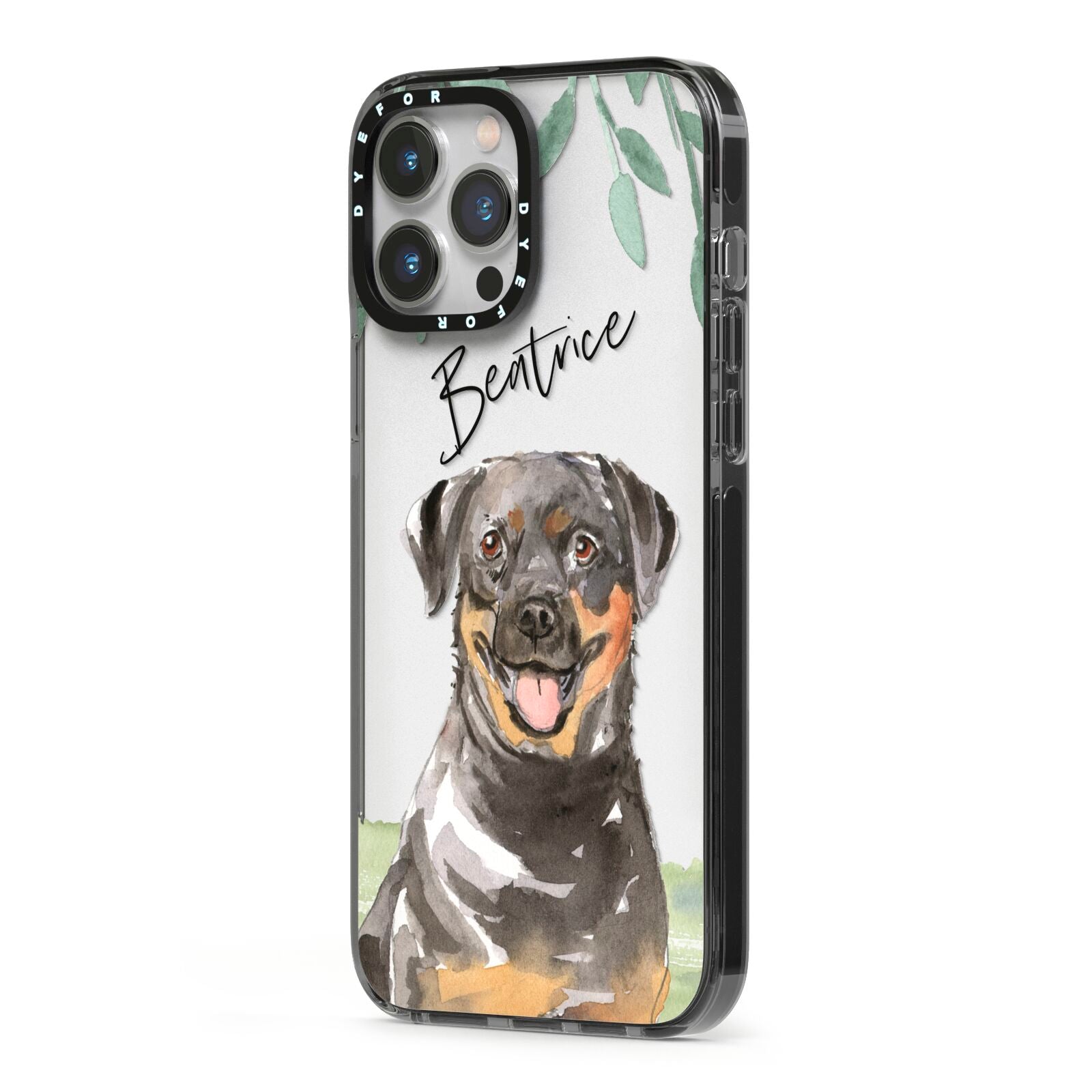 Personalised Rottweiler iPhone 13 Pro Max Black Impact Case Side Angle on Silver phone