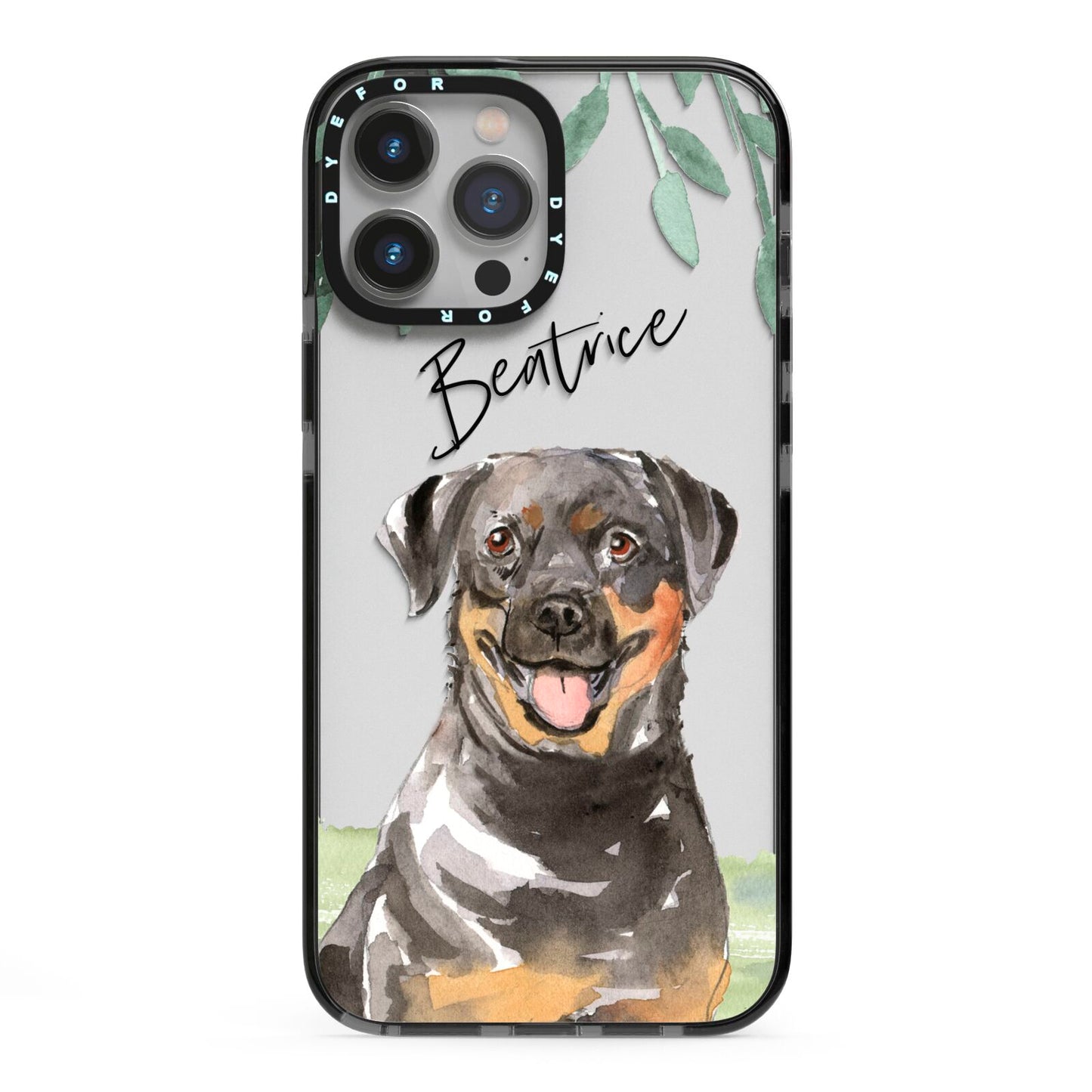 Personalised Rottweiler iPhone 13 Pro Max Black Impact Case on Silver phone