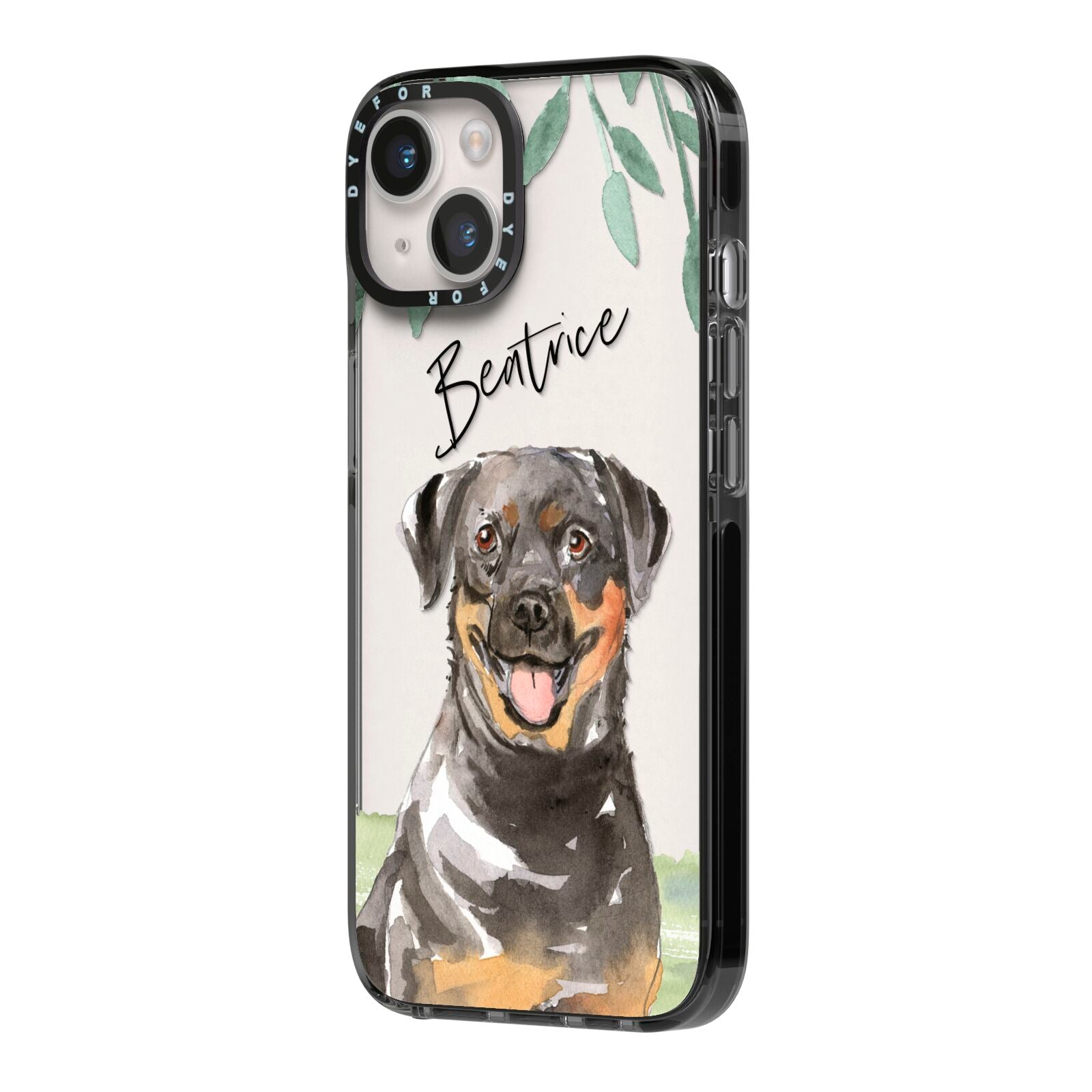 Personalised Rottweiler iPhone 14 Black Impact Case Side Angle on Silver phone