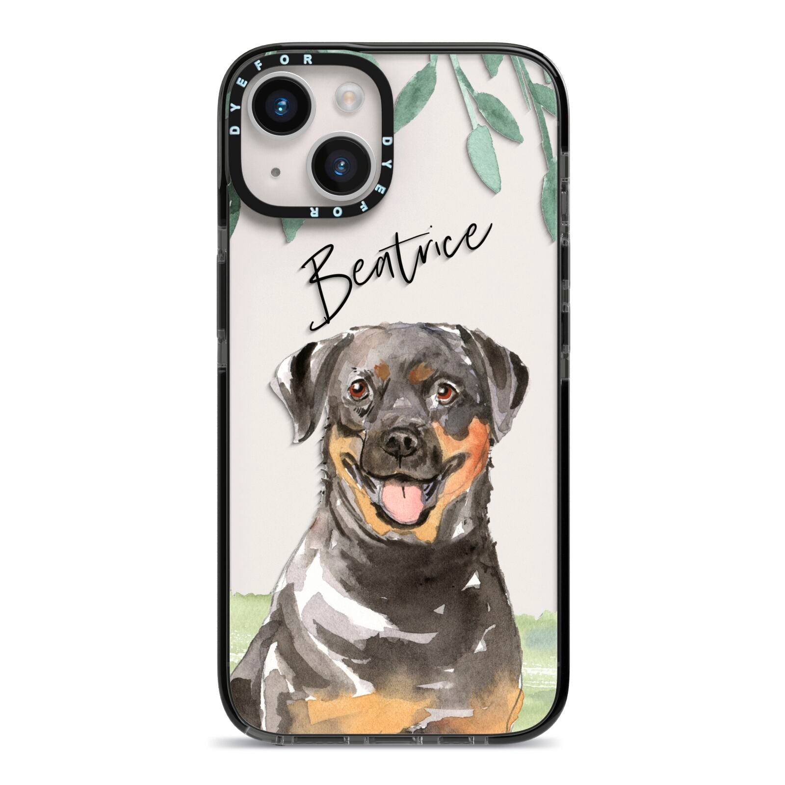 Personalised Rottweiler iPhone 14 Black Impact Case on Silver phone