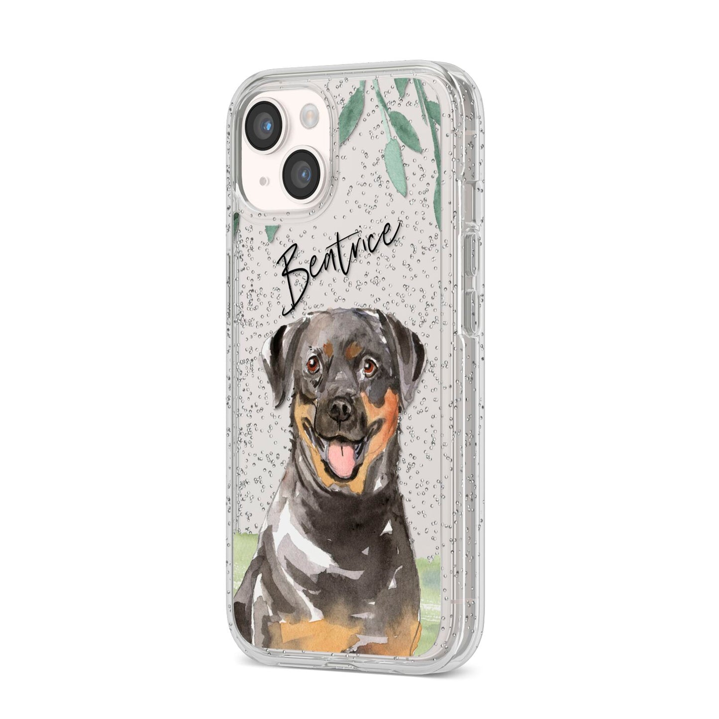 Personalised Rottweiler iPhone 14 Glitter Tough Case Starlight Angled Image