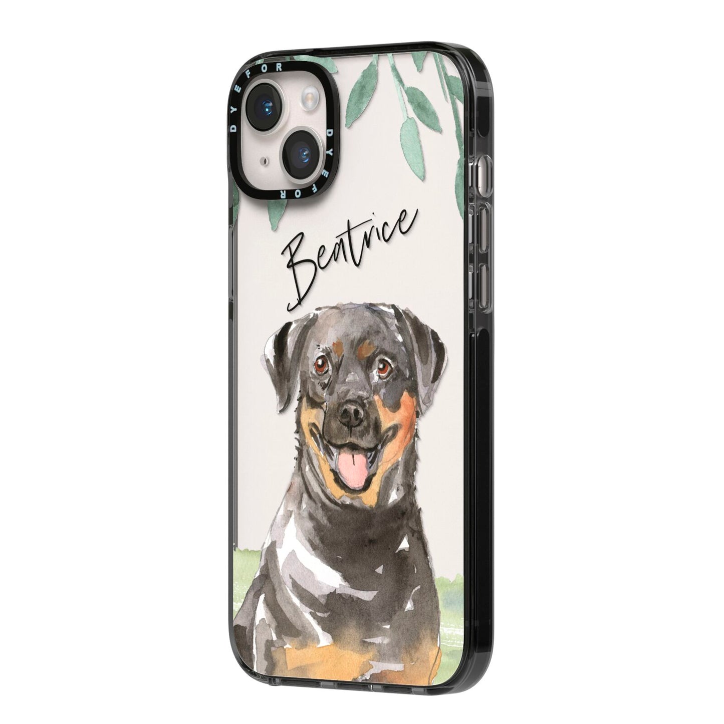 Personalised Rottweiler iPhone 14 Plus Black Impact Case Side Angle on Silver phone