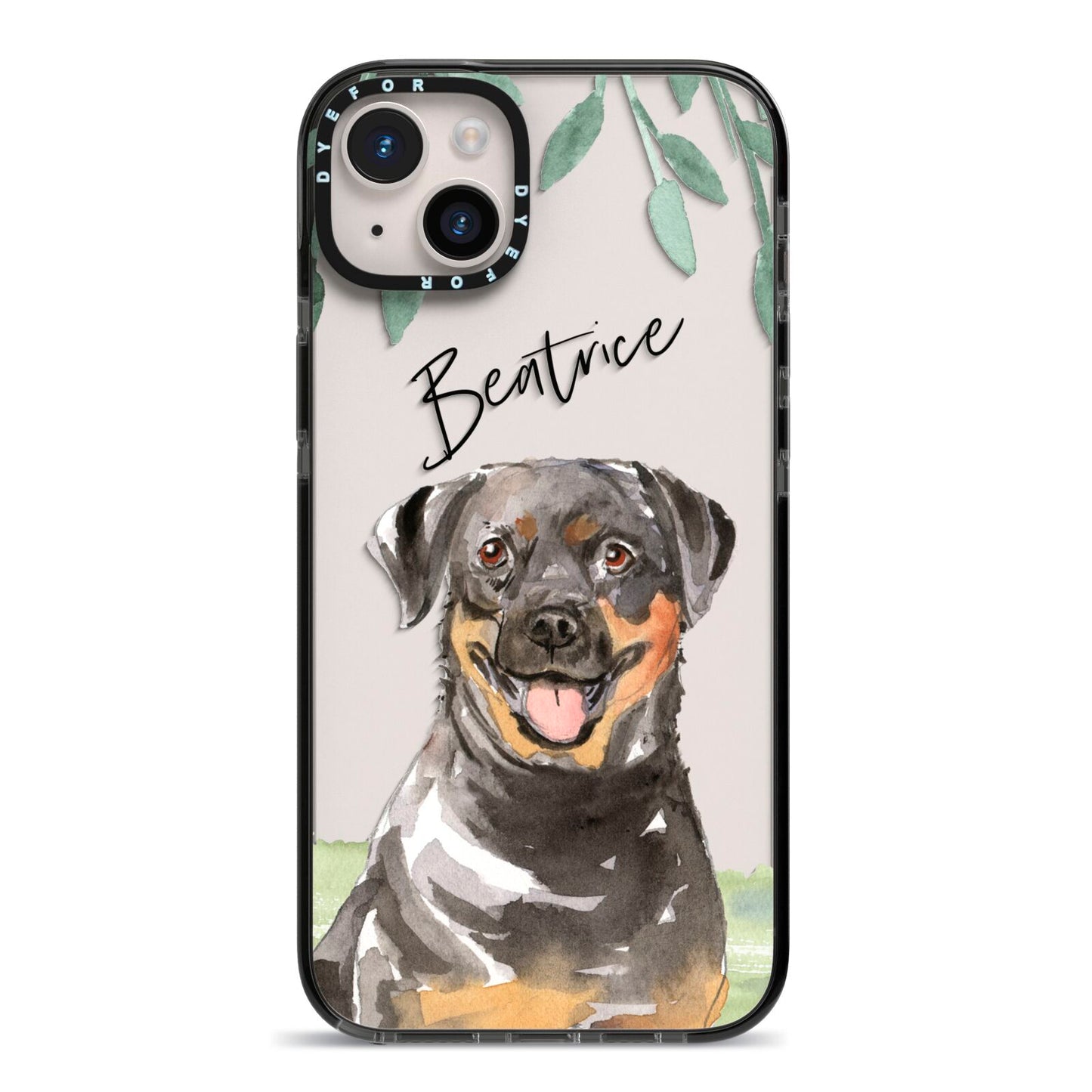 Personalised Rottweiler iPhone 14 Plus Black Impact Case on Silver phone