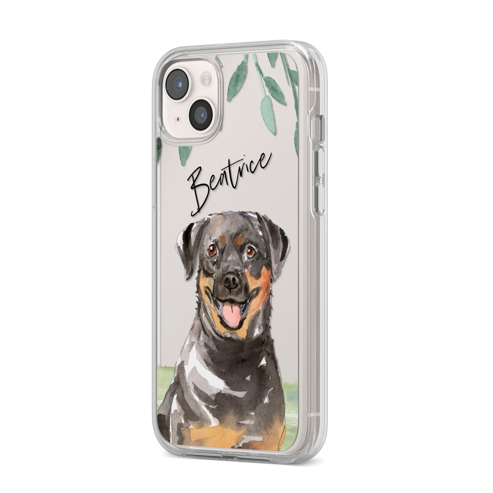 Personalised Rottweiler iPhone 14 Plus Clear Tough Case Starlight Angled Image