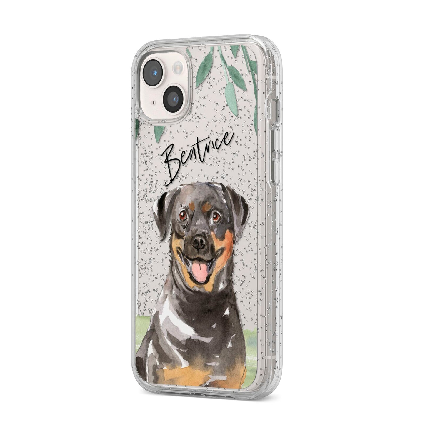 Personalised Rottweiler iPhone 14 Plus Glitter Tough Case Starlight Angled Image