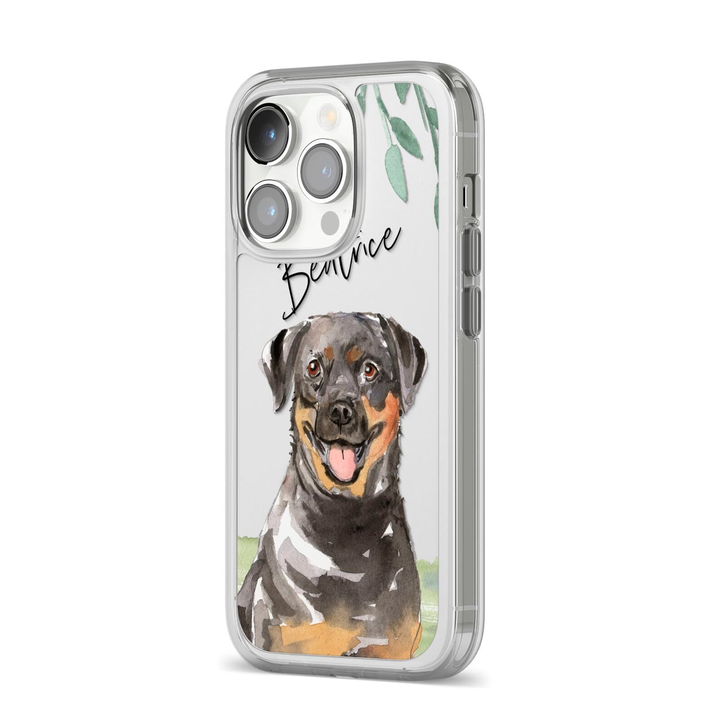 Personalised Rottweiler iPhone 14 Pro Clear Tough Case Silver Angled Image