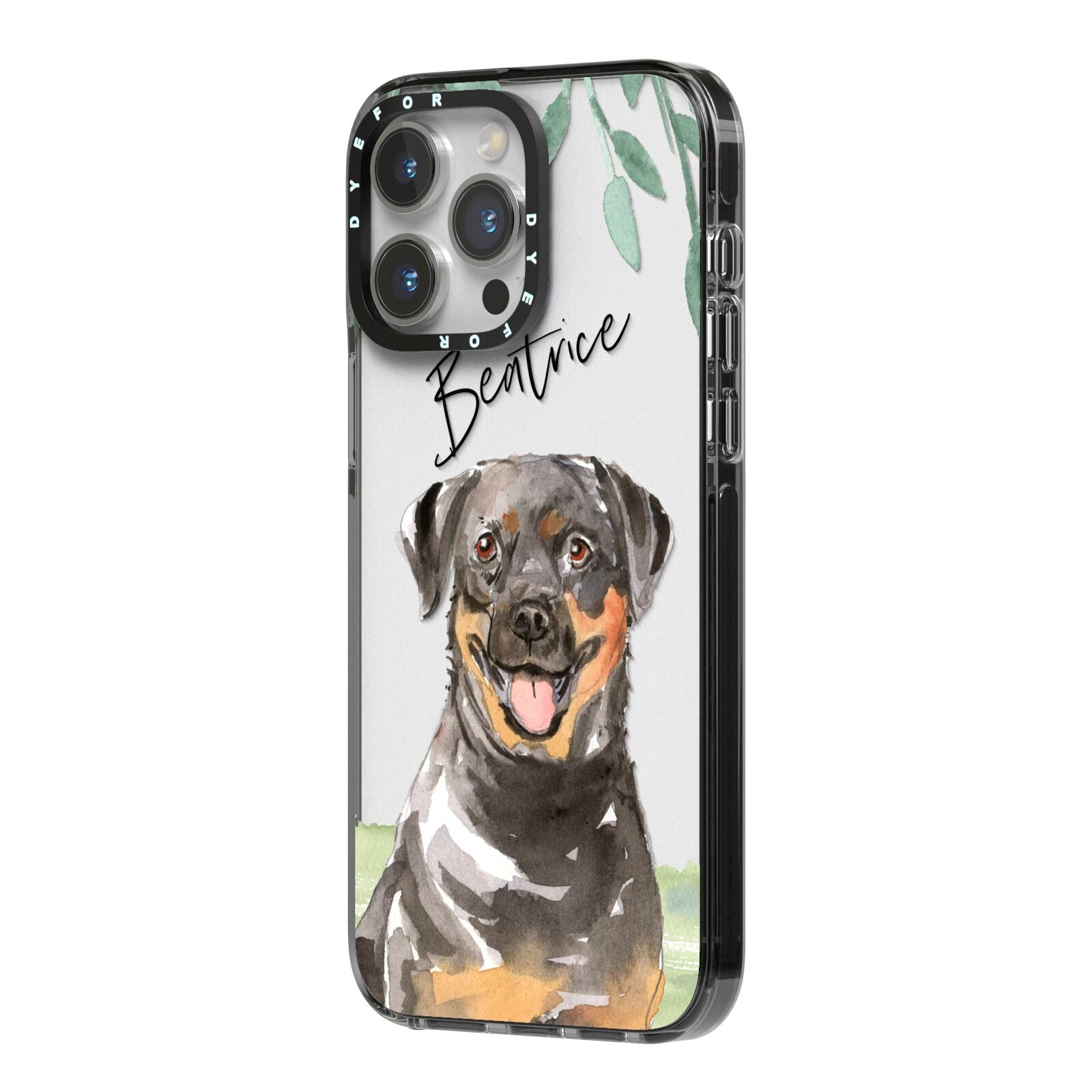 Personalised Rottweiler iPhone 14 Pro Max Black Impact Case Side Angle on Silver phone