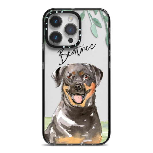 Personalised Rottweiler iPhone 14 Pro Max Black Impact Case on Silver phone