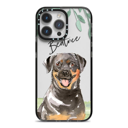 Personalised Rottweiler iPhone 14 Pro Max Black Impact Case on Silver phone