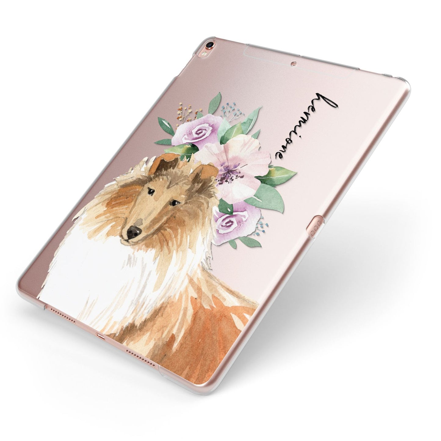 Personalised Rough Collie Apple iPad Case on Rose Gold iPad Side View