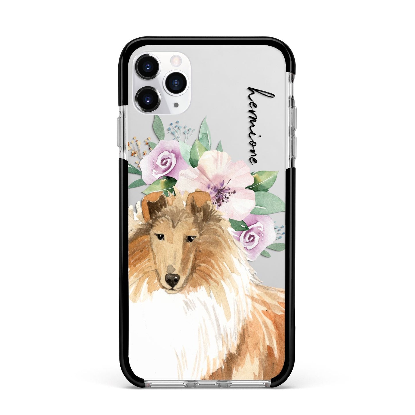 Personalised Rough Collie Apple iPhone 11 Pro Max in Silver with Black Impact Case