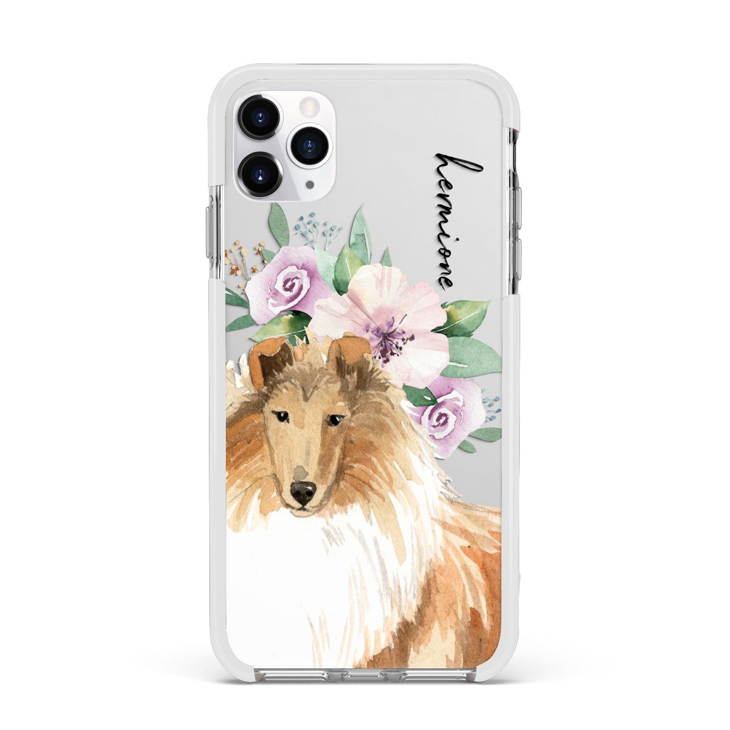 Personalised Rough Collie Apple iPhone 11 Pro Max in Silver with White Impact Case