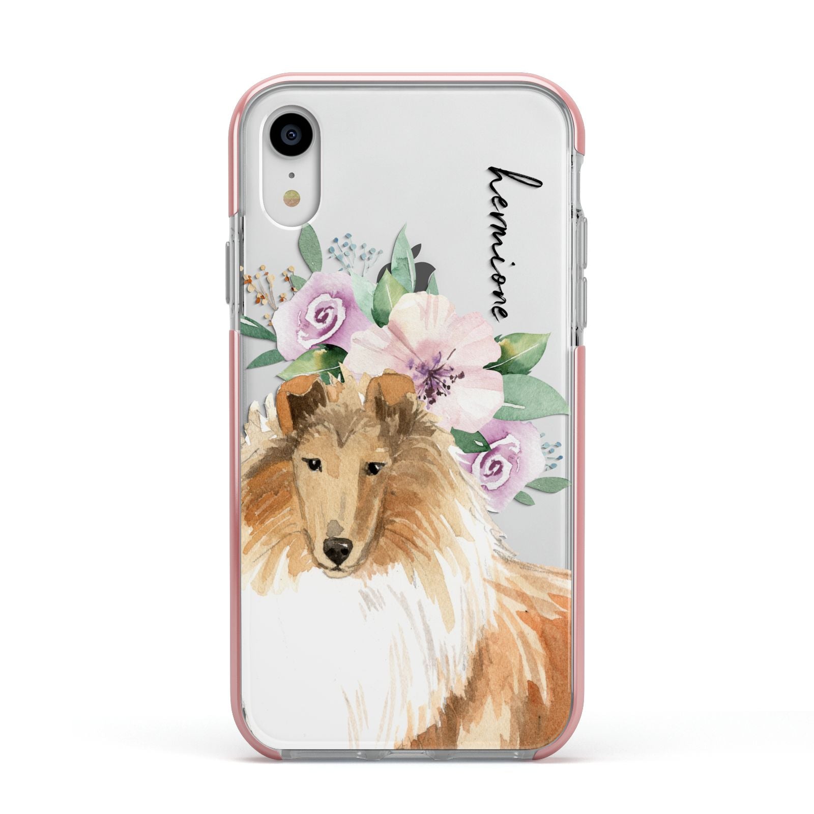 Personalised Rough Collie Apple iPhone XR Impact Case Pink Edge on Silver Phone