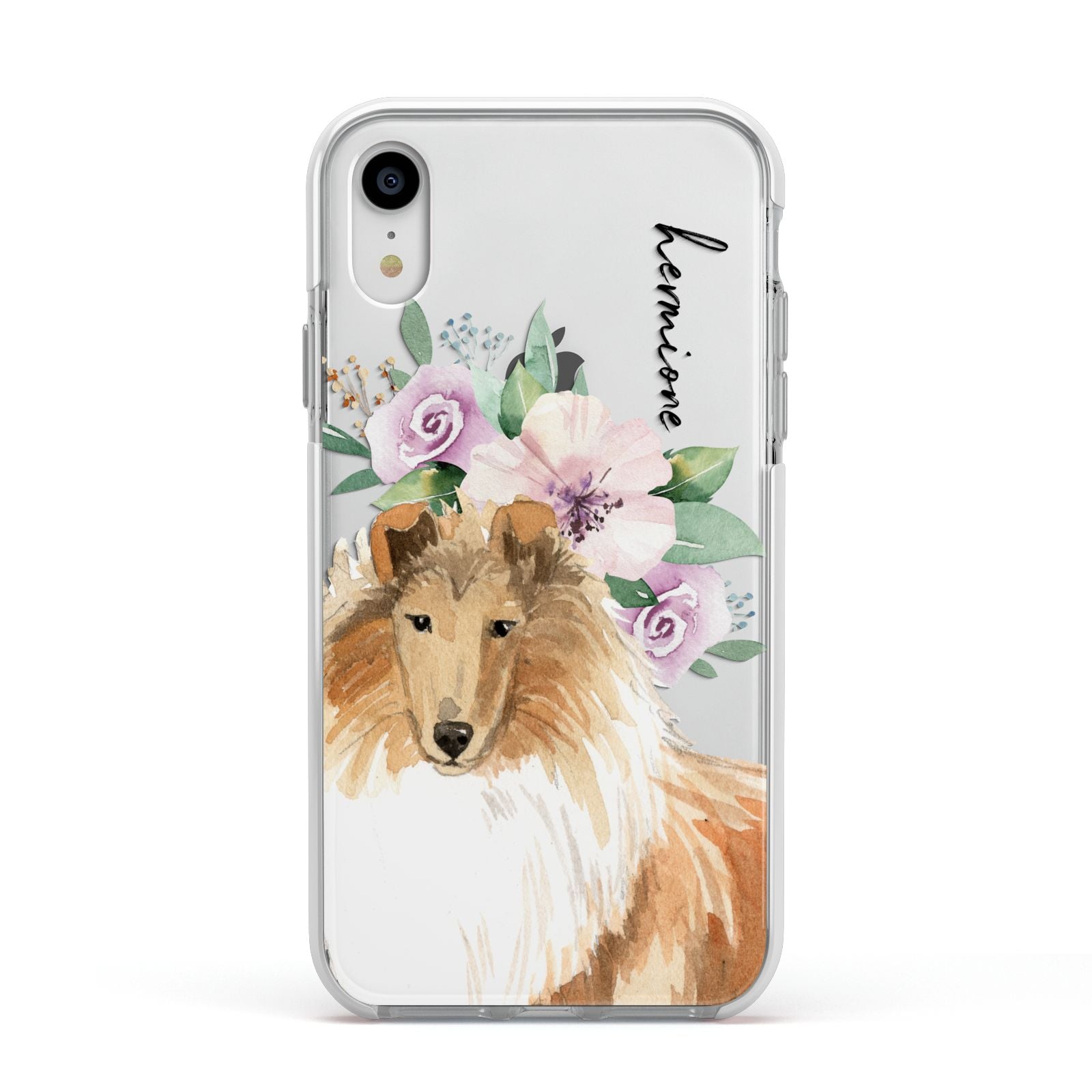 Personalised Rough Collie Apple iPhone XR Impact Case White Edge on Silver Phone