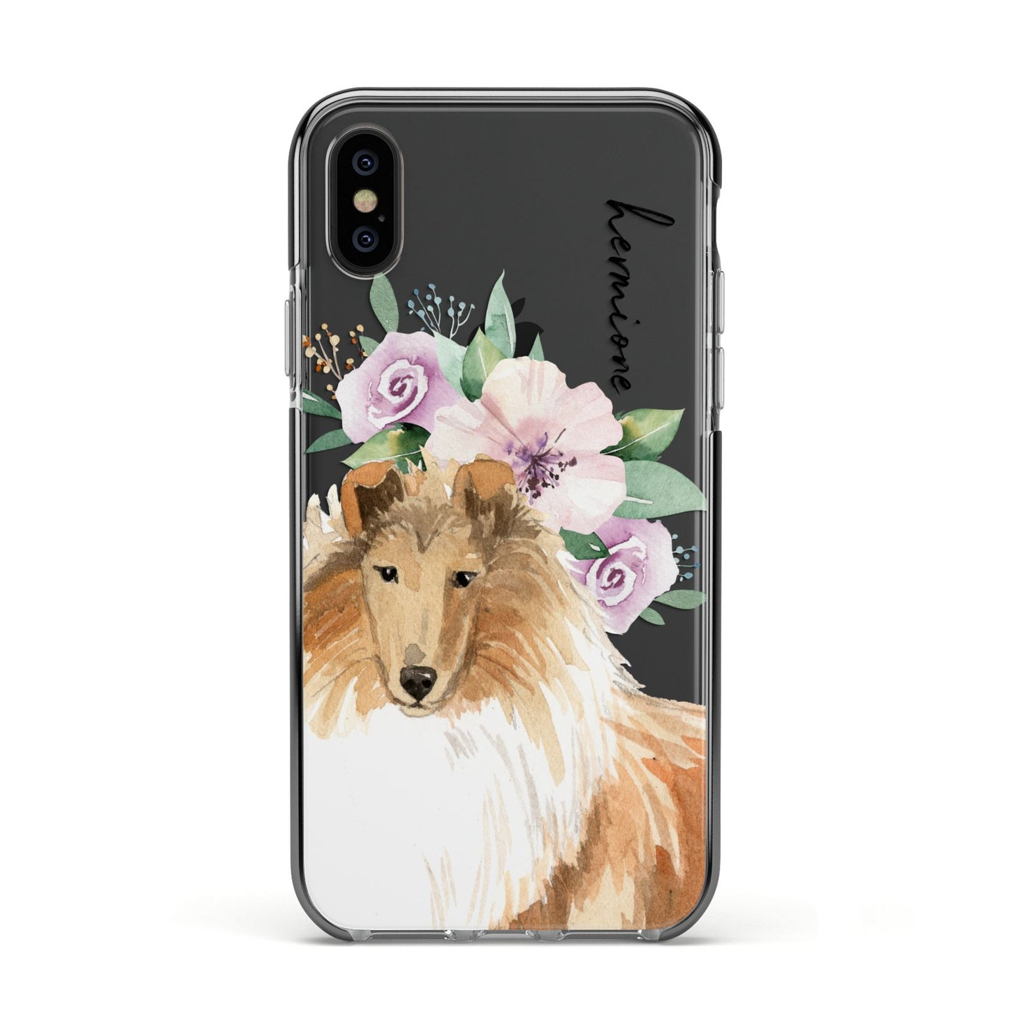Personalised Rough Collie Apple iPhone Xs Impact Case Black Edge on Black Phone