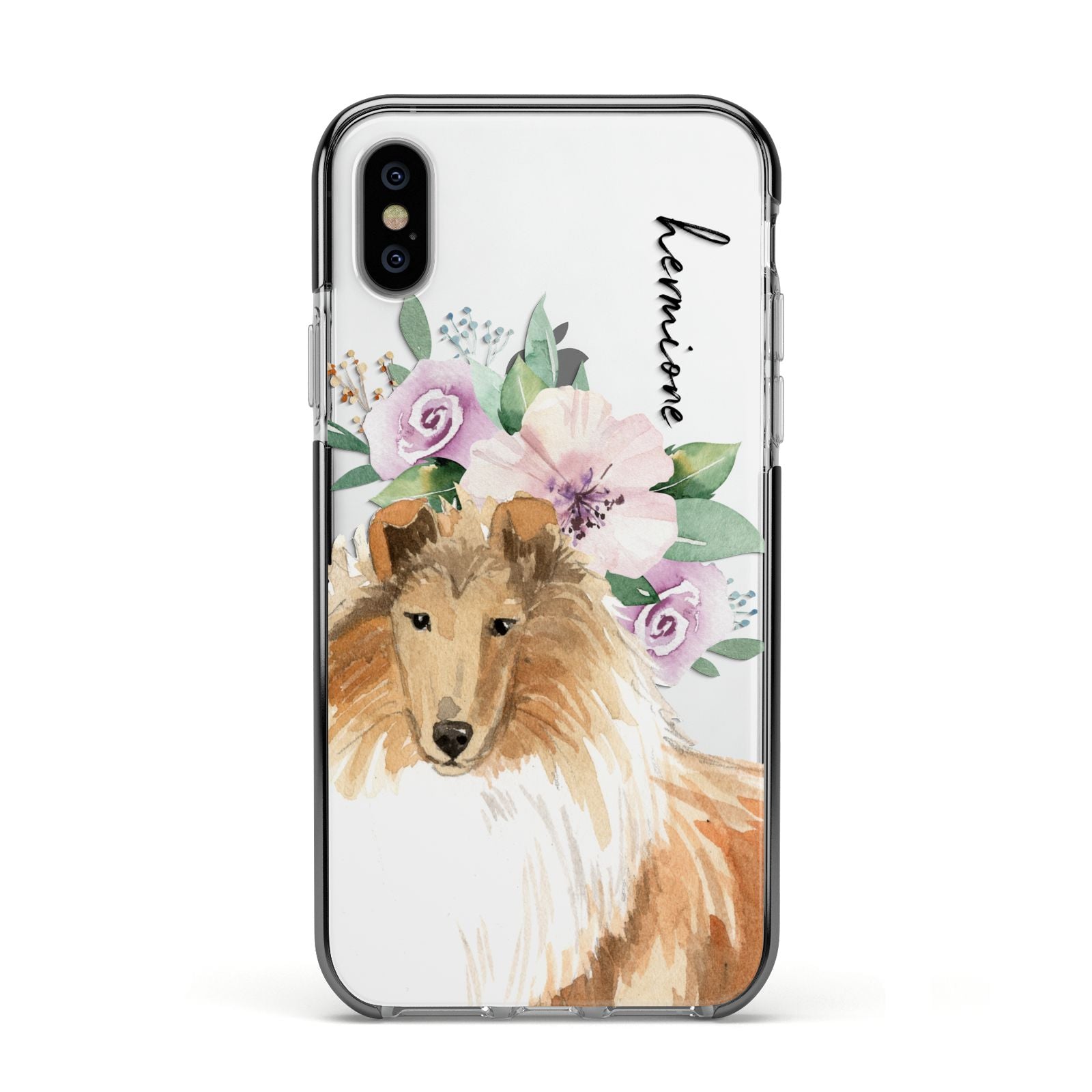 Personalised Rough Collie Apple iPhone Xs Impact Case Black Edge on Silver Phone