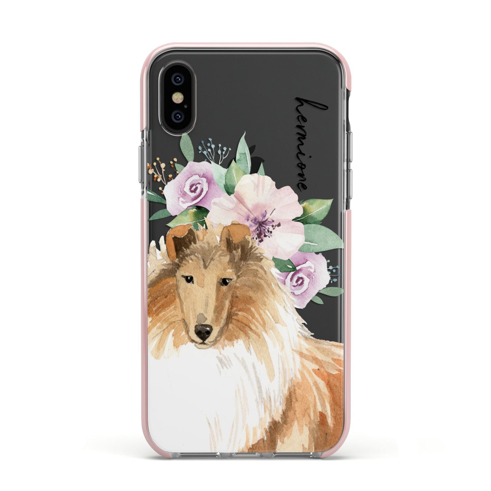 Personalised Rough Collie Apple iPhone Xs Impact Case Pink Edge on Black Phone