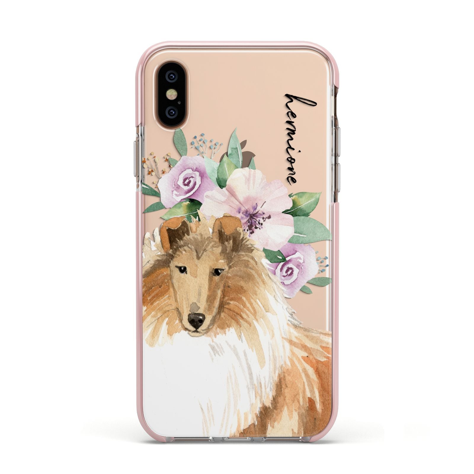 Personalised Rough Collie Apple iPhone Xs Impact Case Pink Edge on Gold Phone