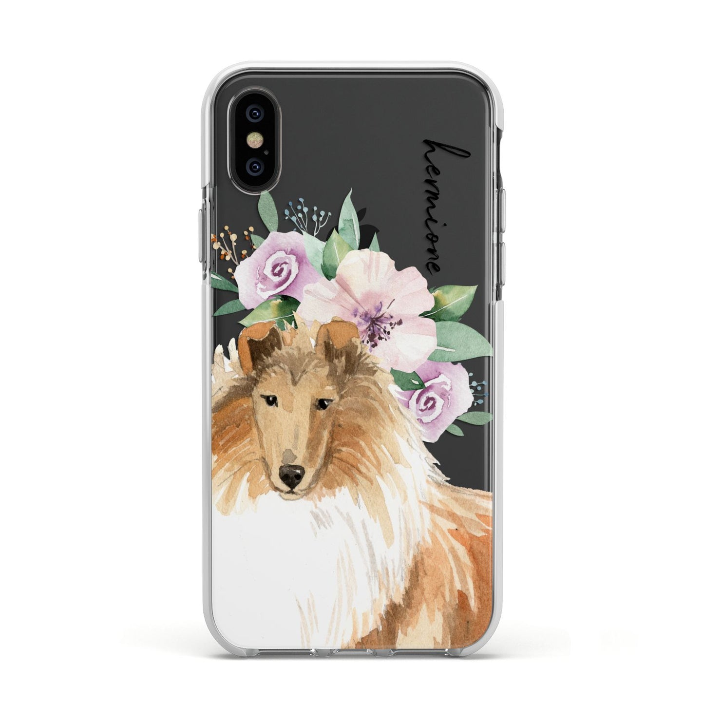 Personalised Rough Collie Apple iPhone Xs Impact Case White Edge on Black Phone