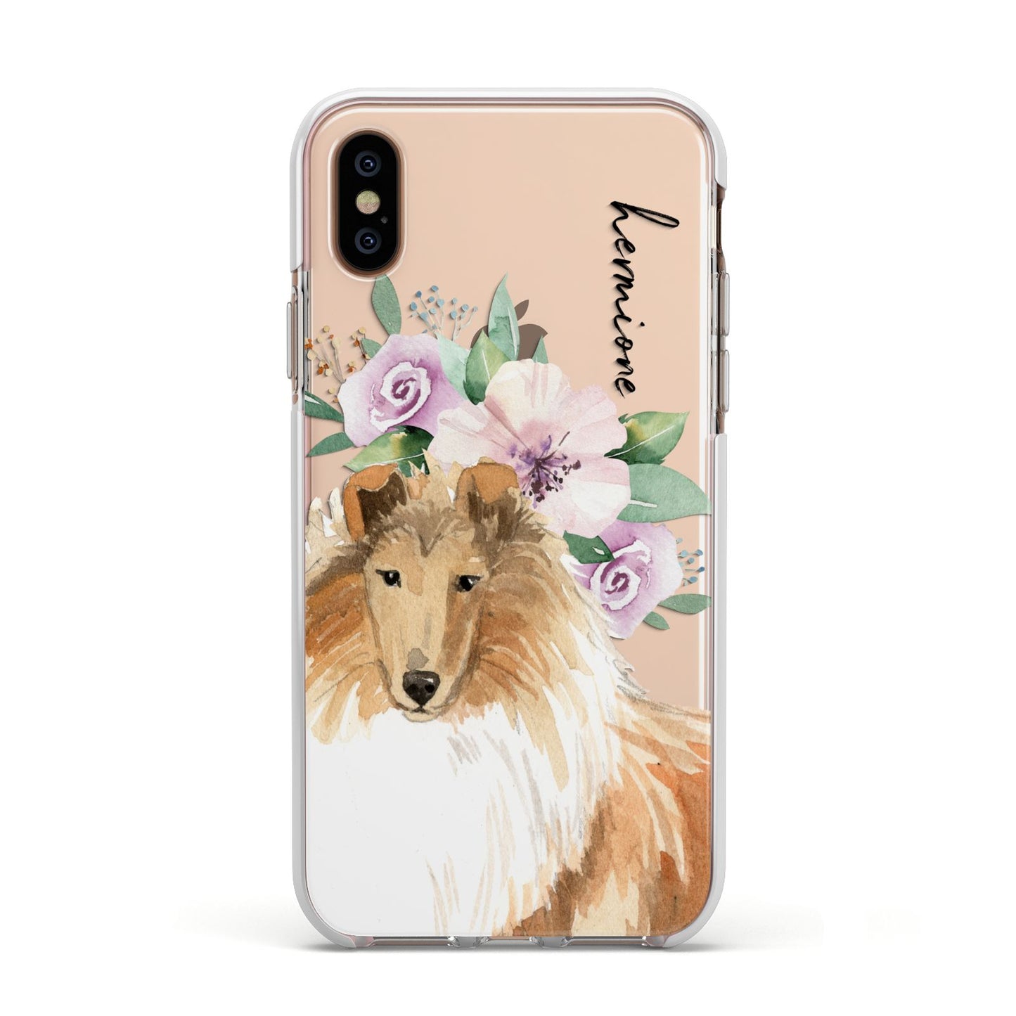 Personalised Rough Collie Apple iPhone Xs Impact Case White Edge on Gold Phone