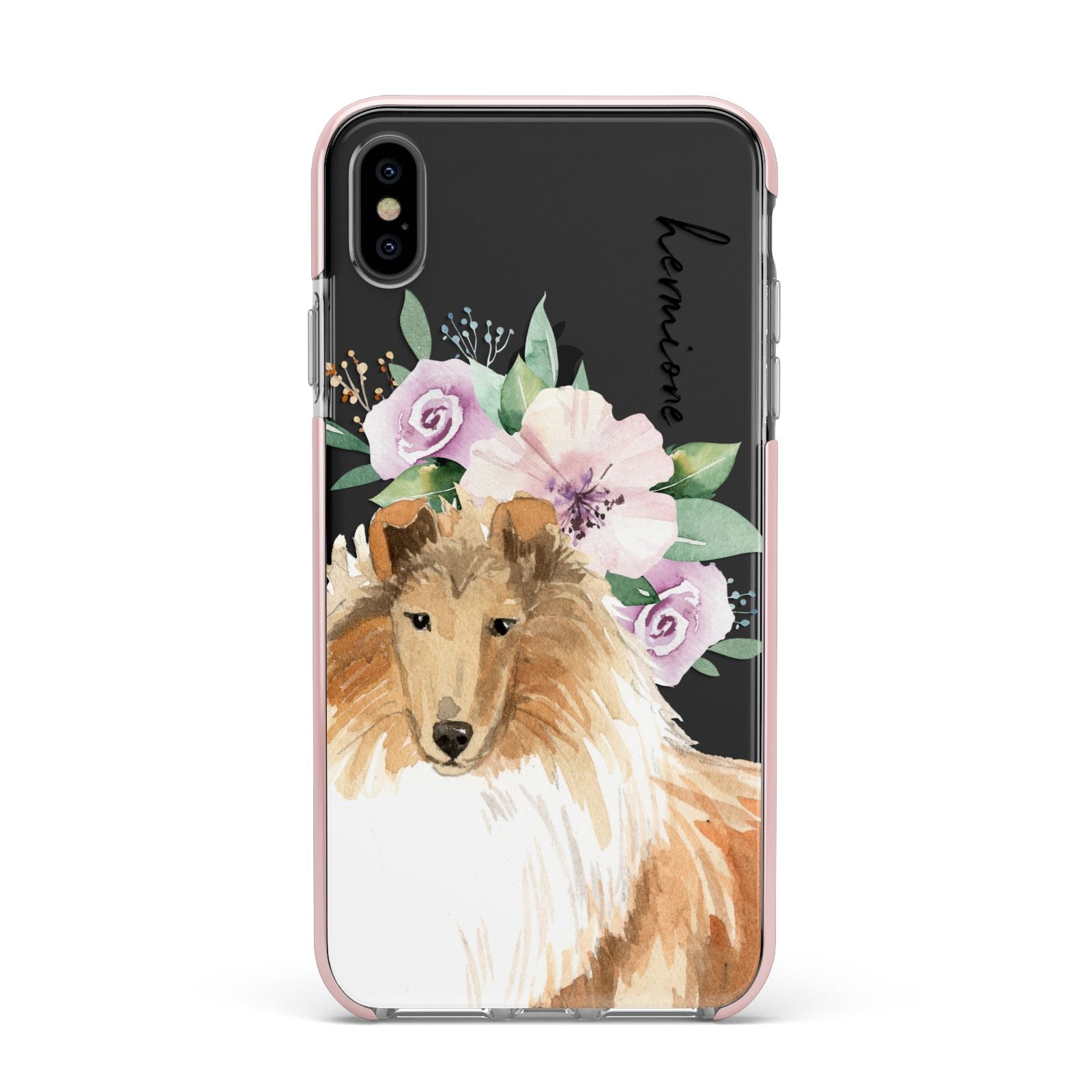 Personalised Rough Collie Apple iPhone Xs Max Impact Case Pink Edge on Black Phone