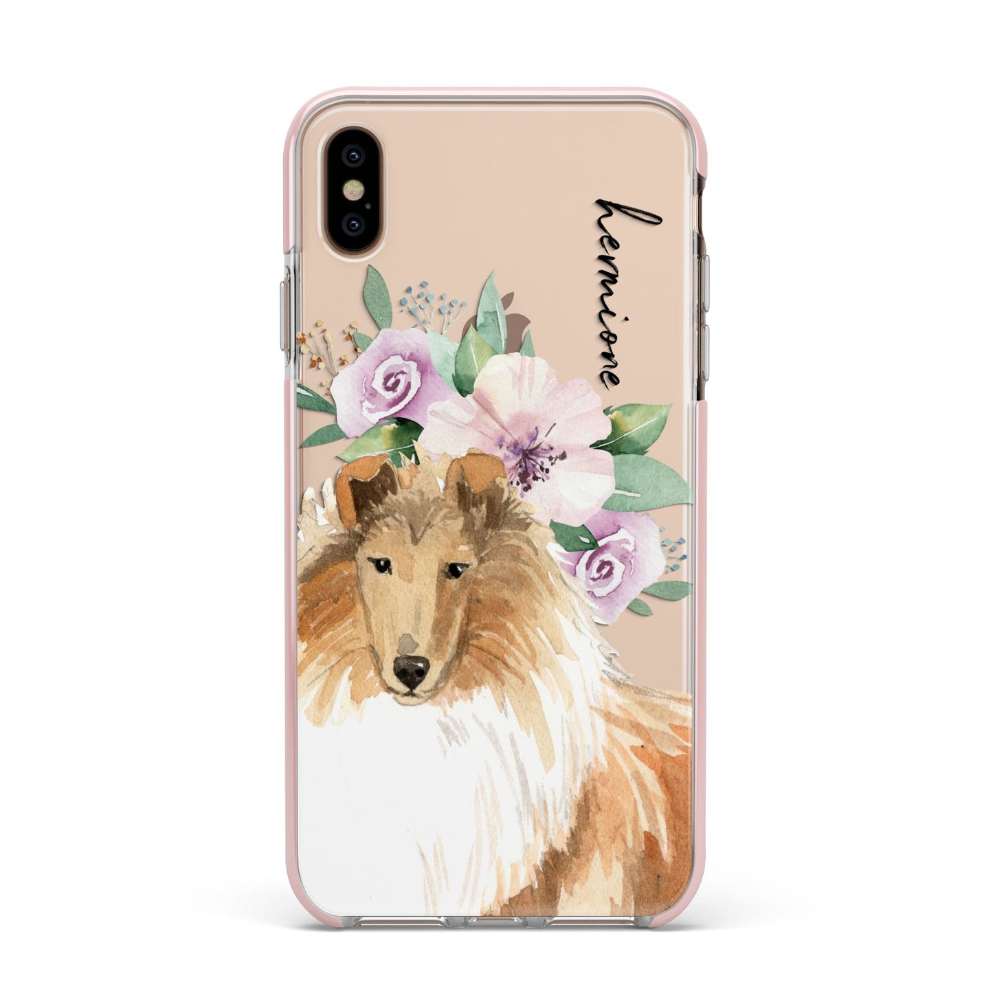 Personalised Rough Collie Apple iPhone Xs Max Impact Case Pink Edge on Gold Phone