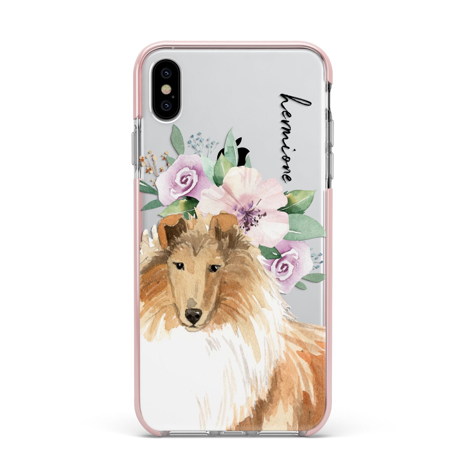 Personalised Rough Collie Apple iPhone Xs Max Impact Case Pink Edge on Silver Phone
