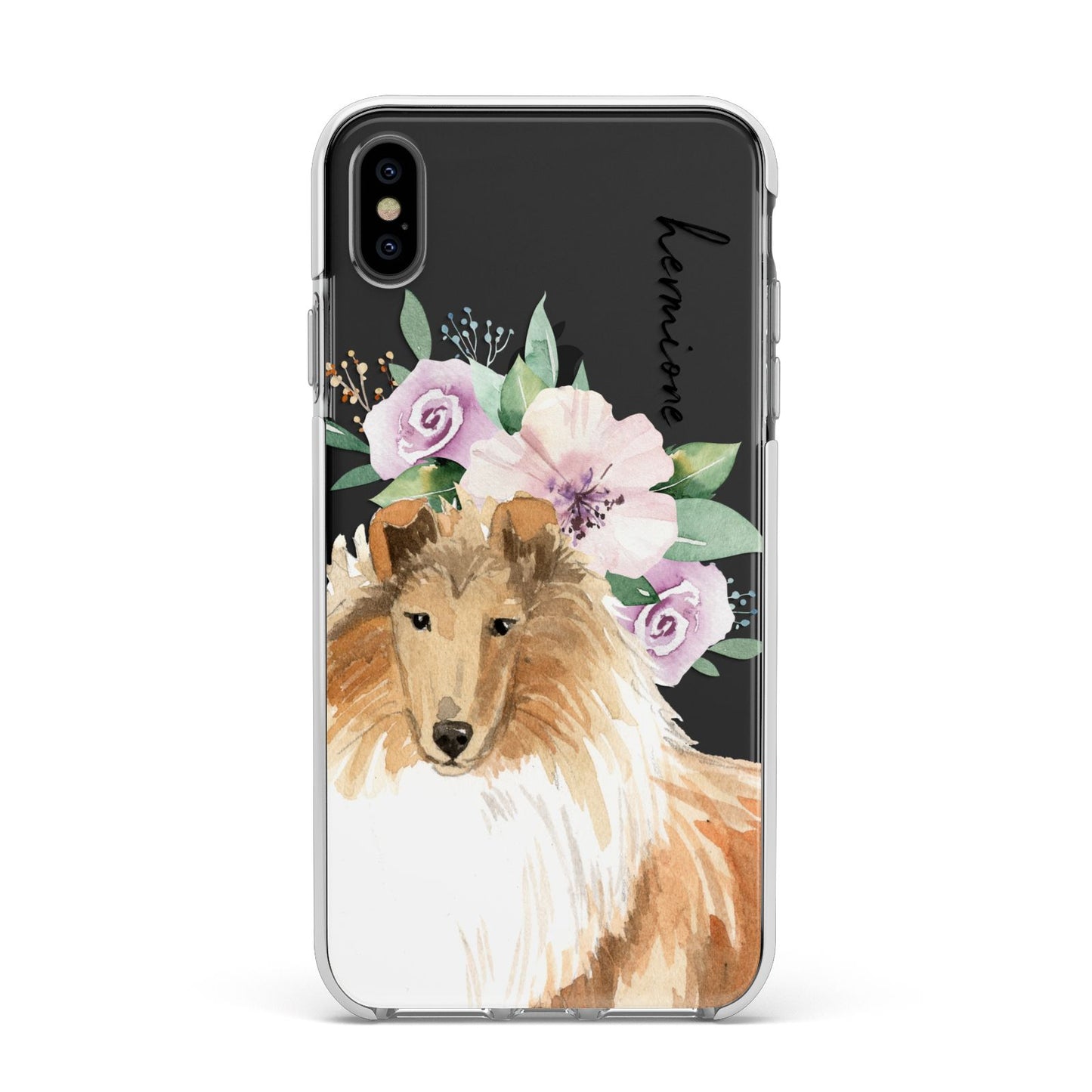 Personalised Rough Collie Apple iPhone Xs Max Impact Case White Edge on Black Phone