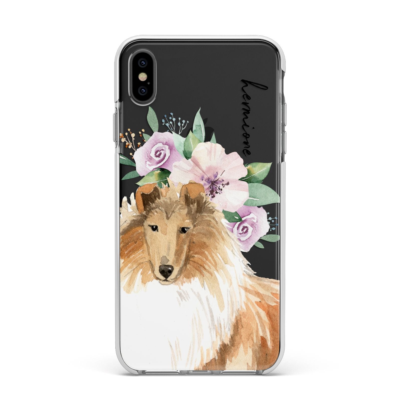 Personalised Rough Collie Apple iPhone Xs Max Impact Case White Edge on Black Phone