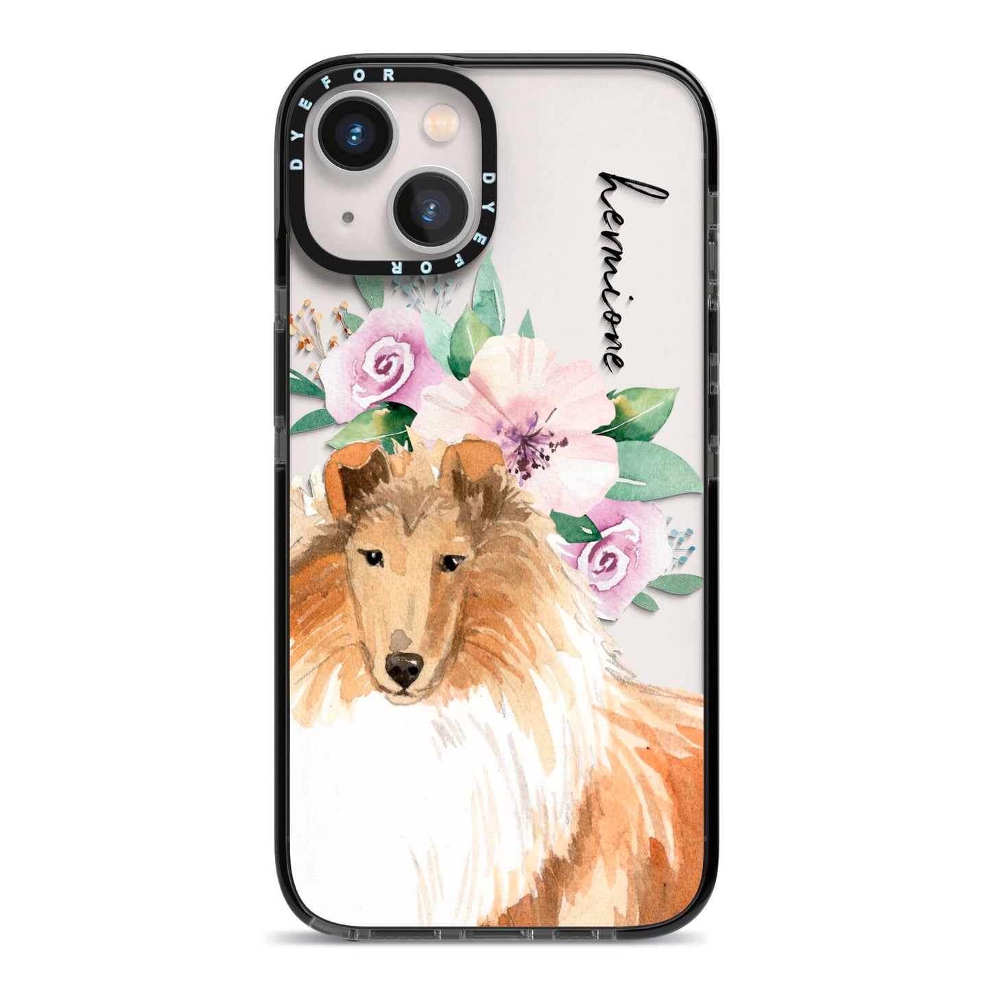Personalised Rough Collie iPhone 13 Black Impact Case on Silver phone