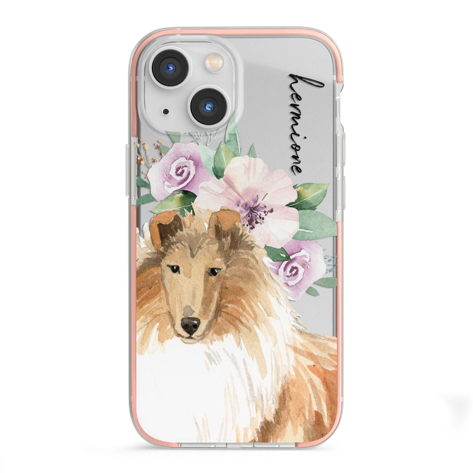 Personalised Rough Collie iPhone 13 Mini TPU Impact Case with Pink Edges