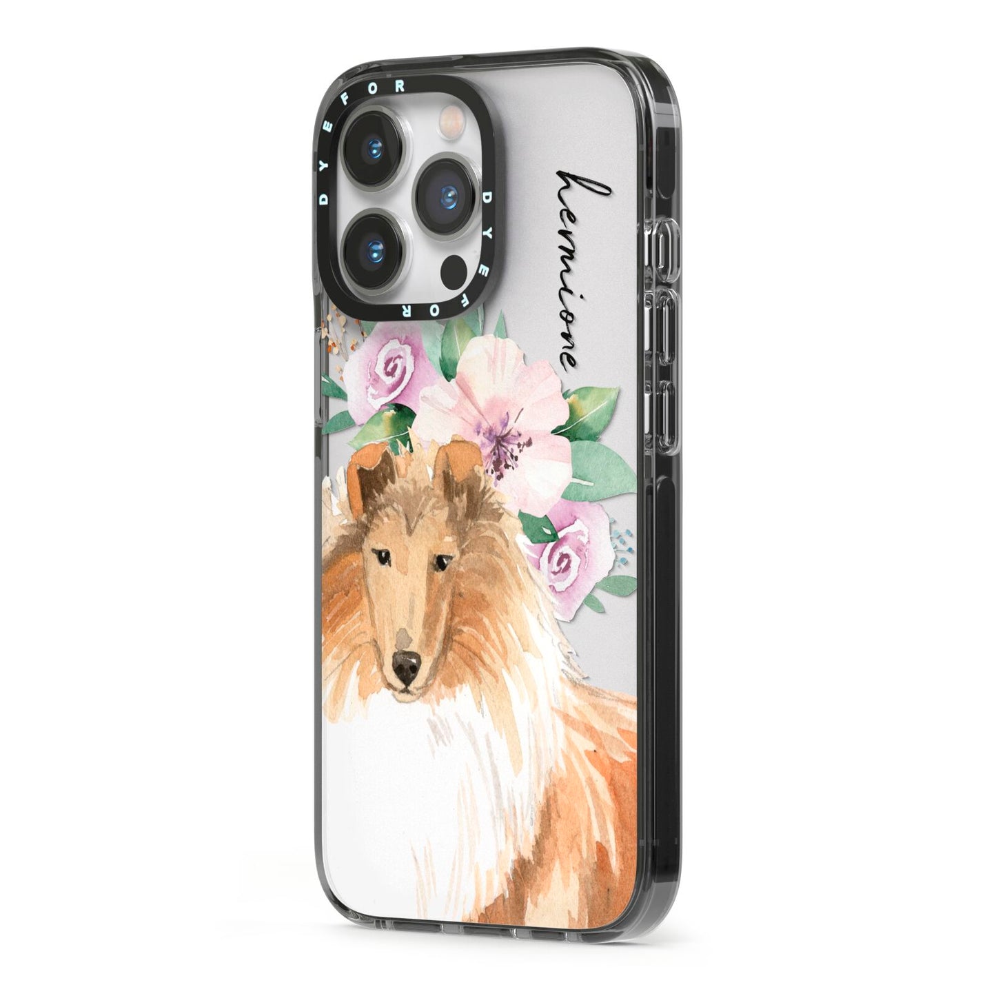 Personalised Rough Collie iPhone 13 Pro Black Impact Case Side Angle on Silver phone