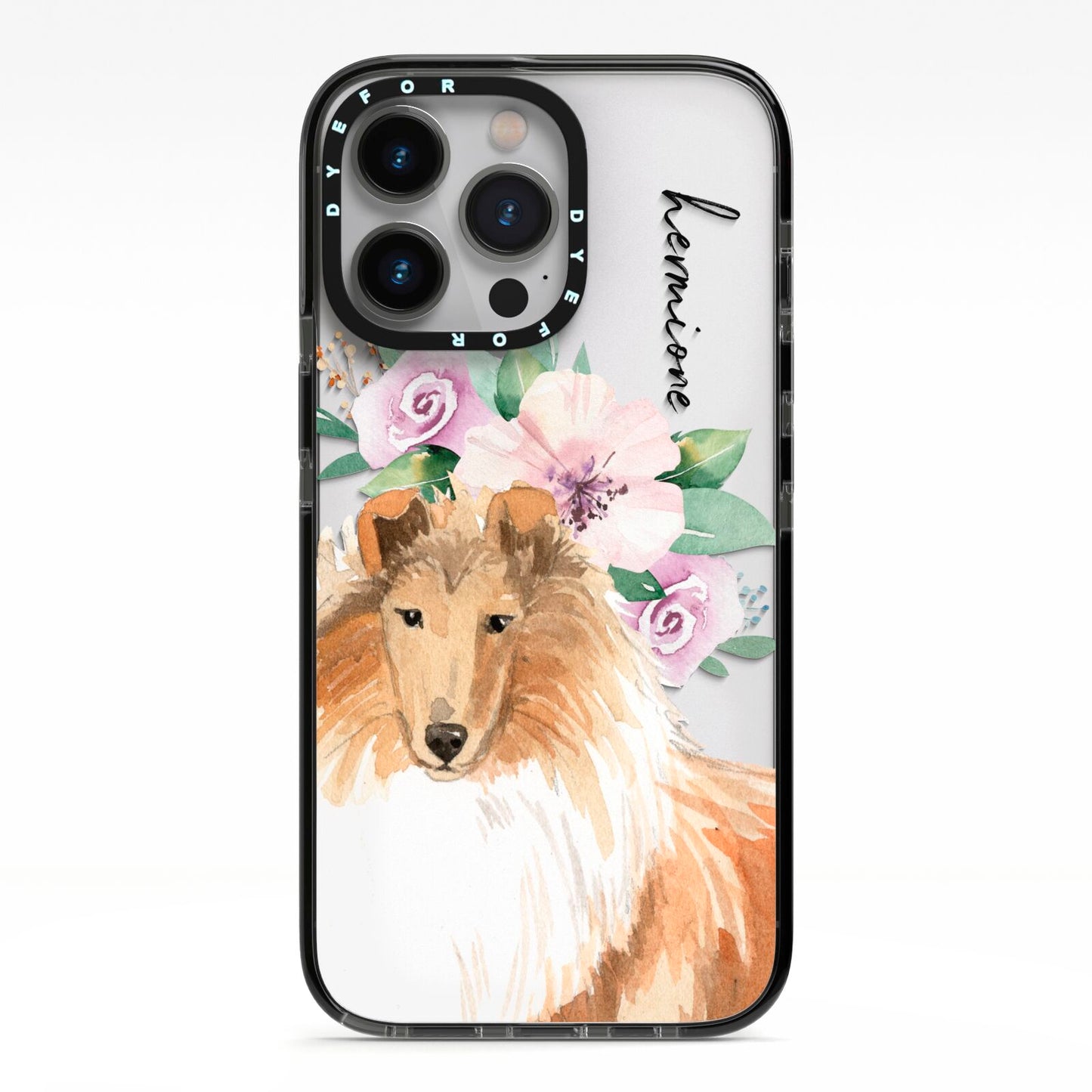 Personalised Rough Collie iPhone 13 Pro Black Impact Case on Silver phone
