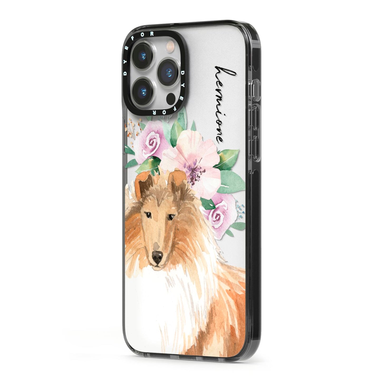 Personalised Rough Collie iPhone 13 Pro Max Black Impact Case Side Angle on Silver phone