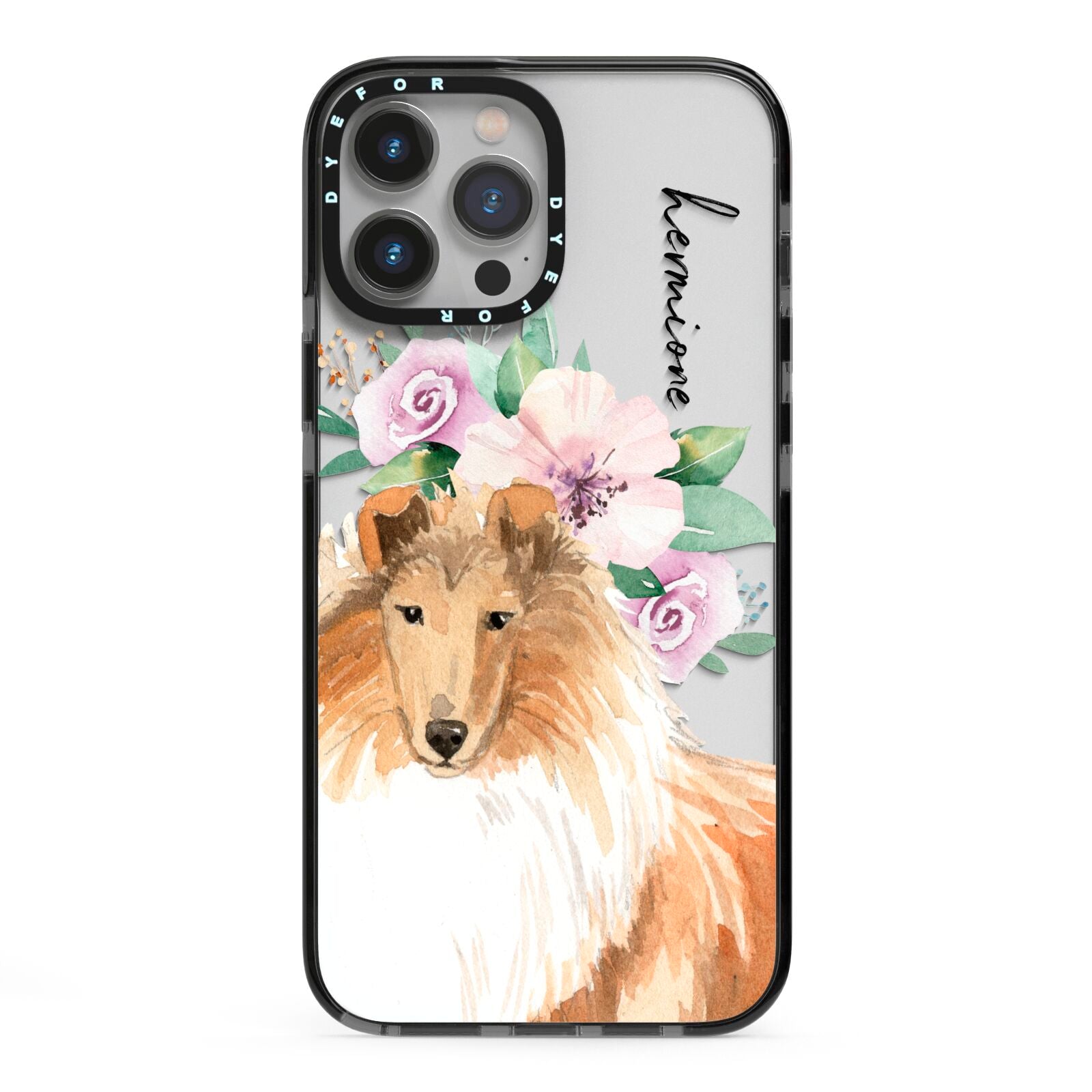 Personalised Rough Collie iPhone 13 Pro Max Black Impact Case on Silver phone