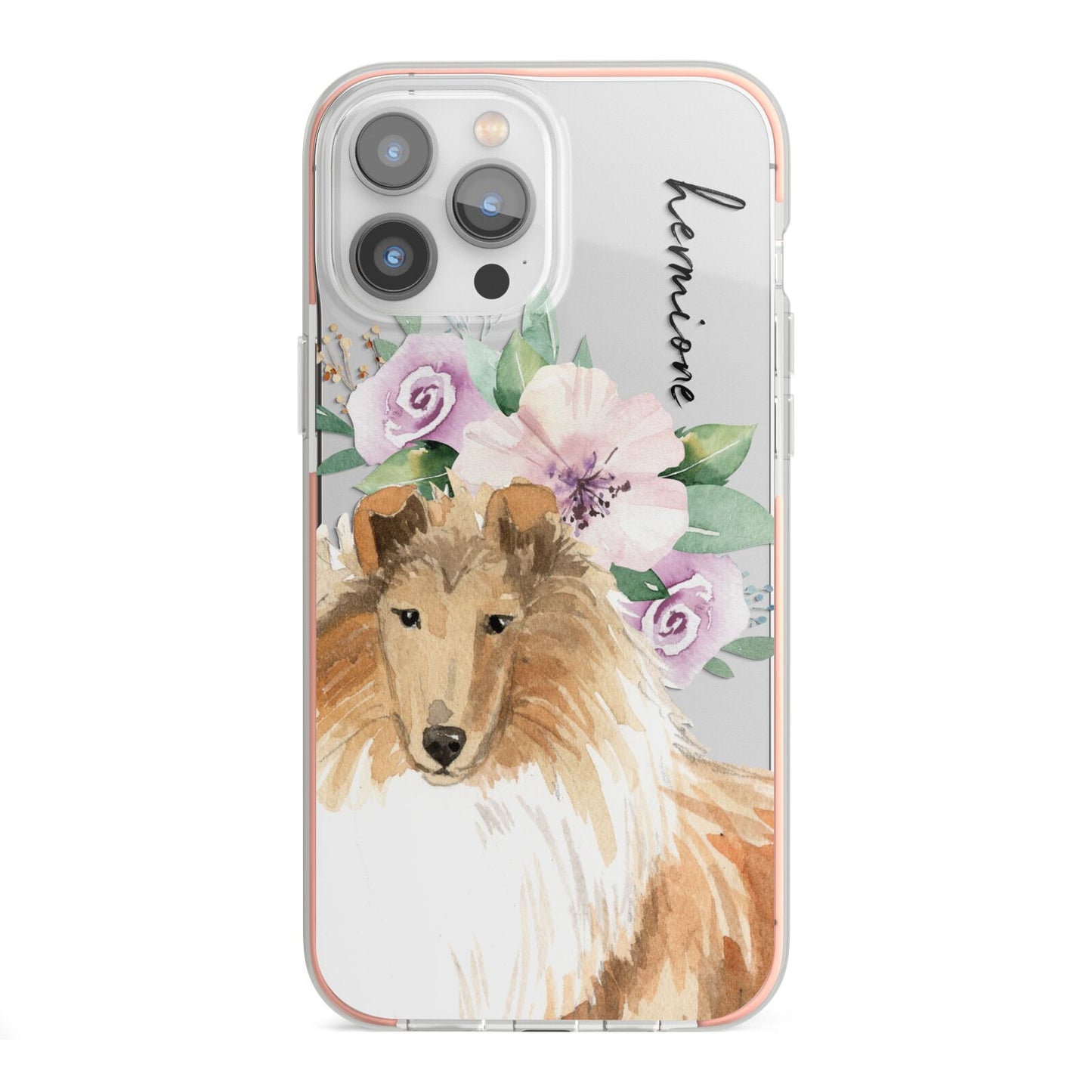 Personalised Rough Collie iPhone 13 Pro Max TPU Impact Case with Pink Edges