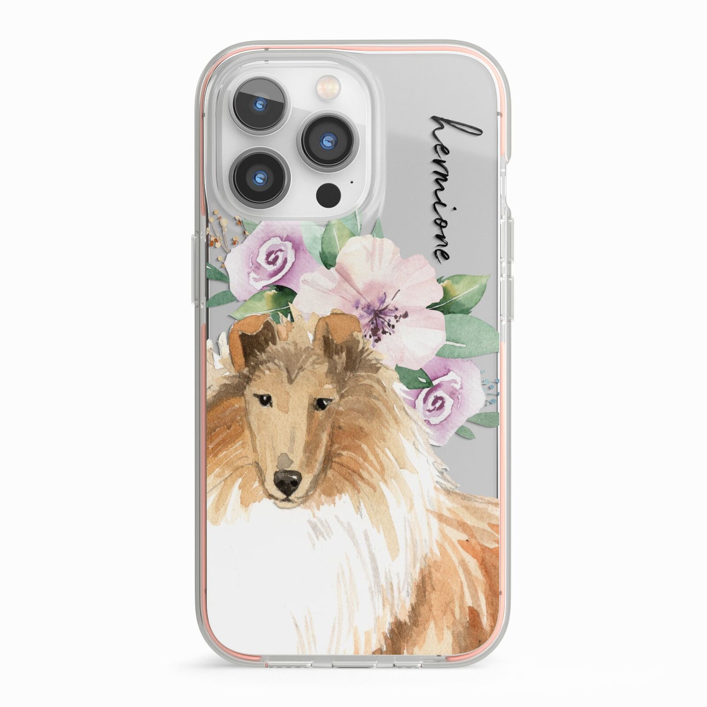 Personalised Rough Collie iPhone 13 Pro TPU Impact Case with Pink Edges