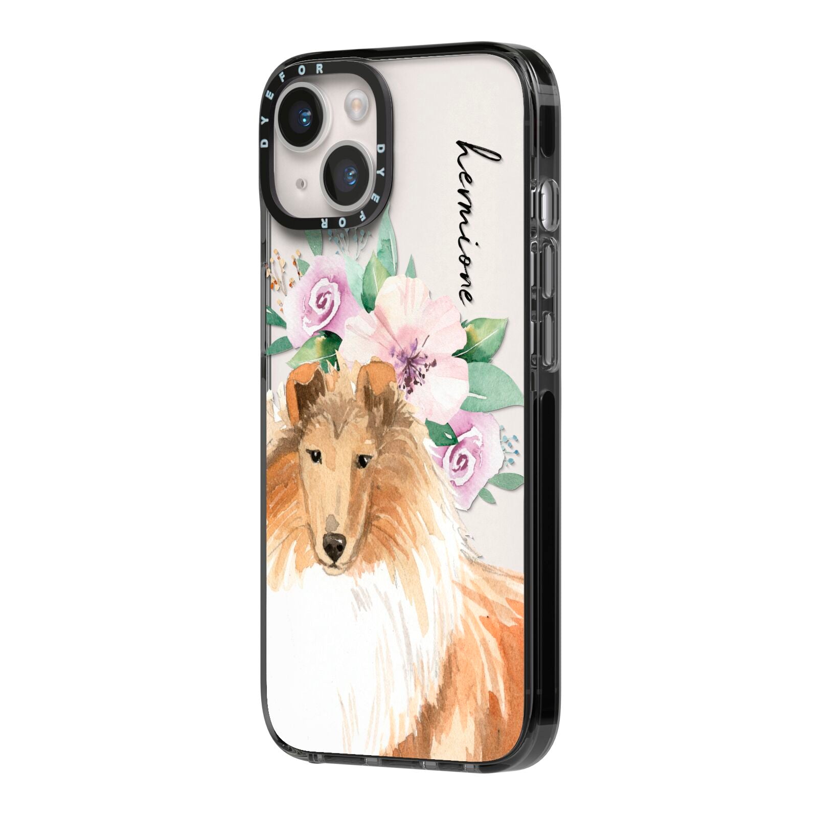 Personalised Rough Collie iPhone 14 Black Impact Case Side Angle on Silver phone