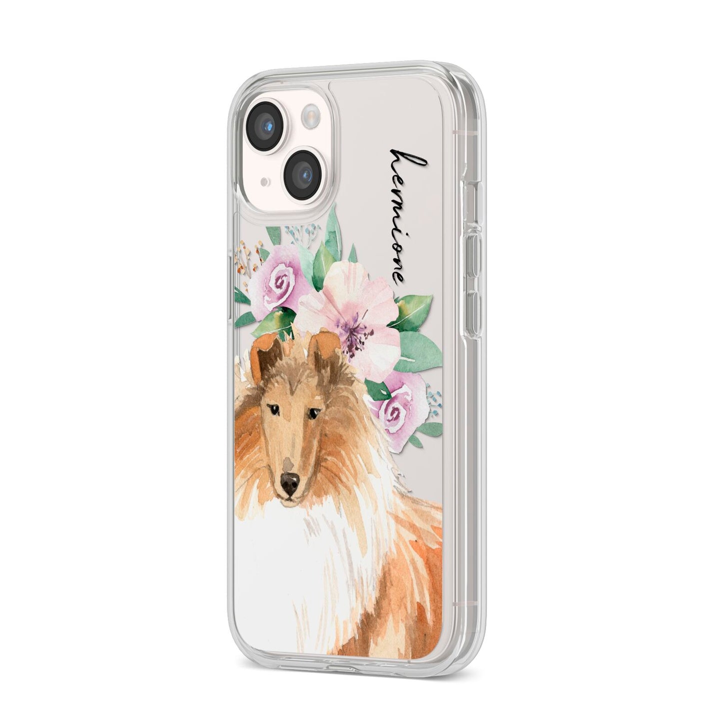 Personalised Rough Collie iPhone 14 Clear Tough Case Starlight Angled Image
