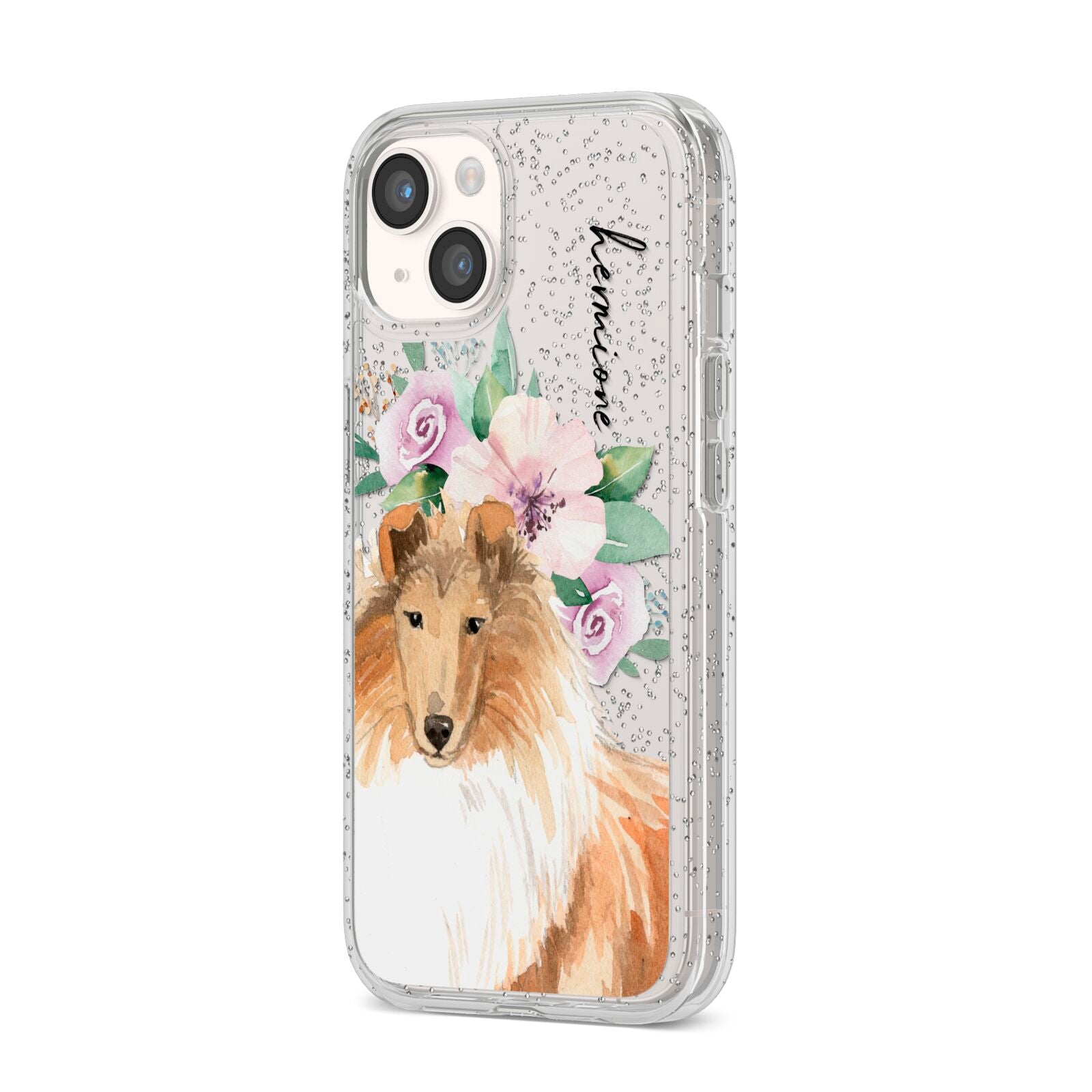 Personalised Rough Collie iPhone 14 Glitter Tough Case Starlight Angled Image