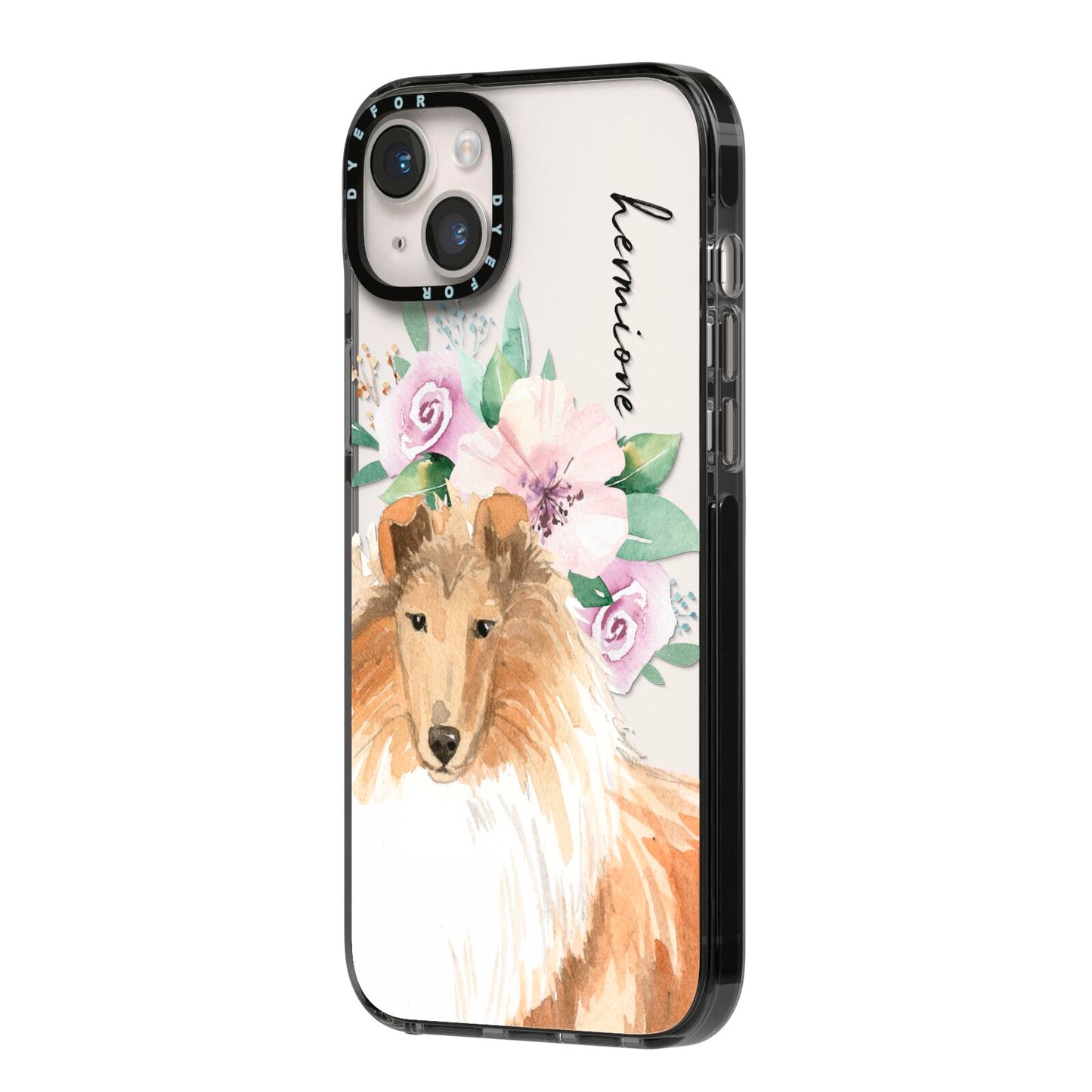 Personalised Rough Collie iPhone 14 Plus Black Impact Case Side Angle on Silver phone
