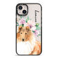 Personalised Rough Collie iPhone 14 Plus Black Impact Case on Silver phone