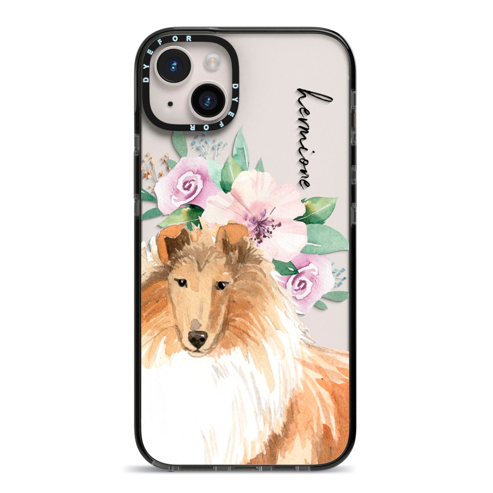 Personalised Rough Collie iPhone 14 Plus Black Impact Case on Silver phone