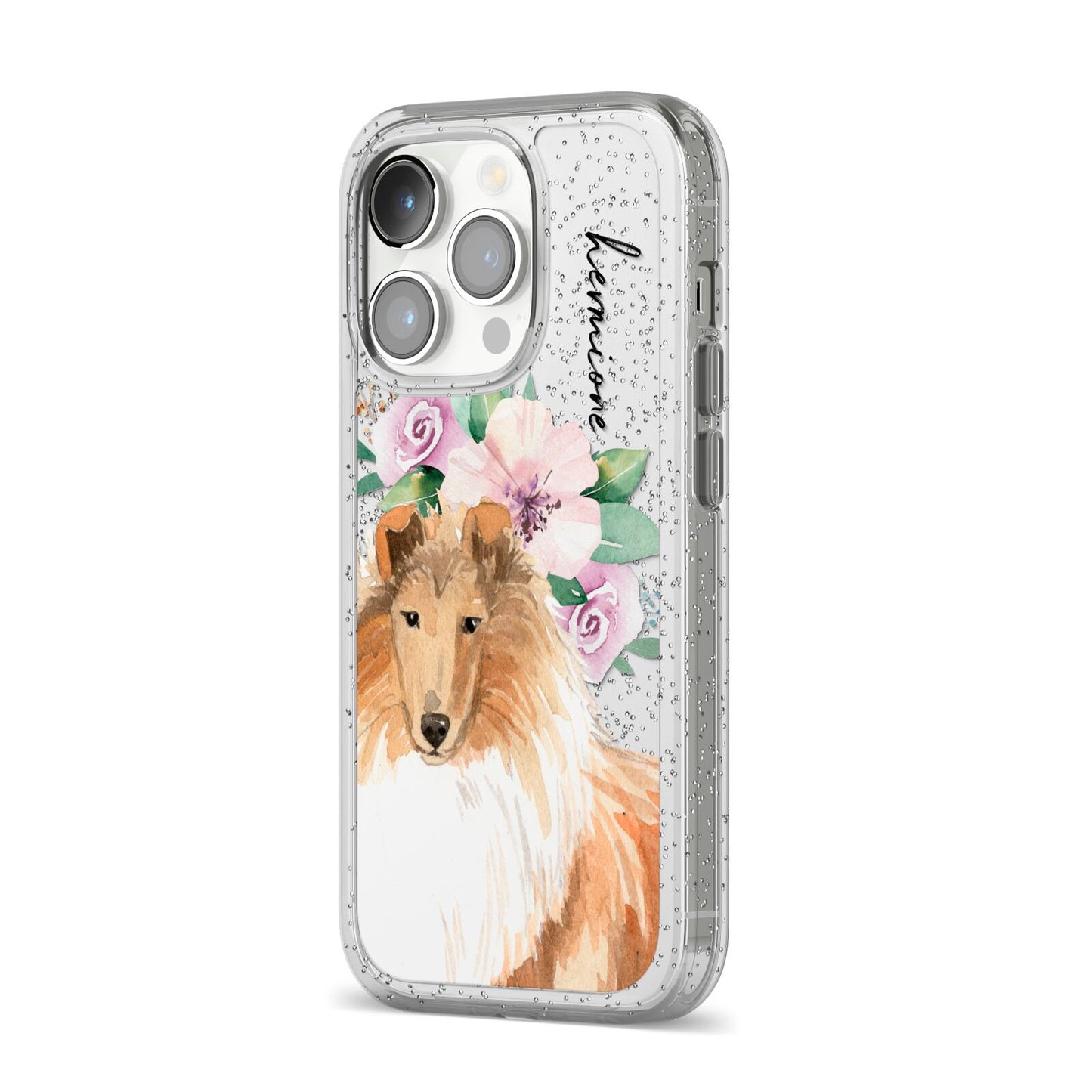 Personalised Rough Collie iPhone 14 Pro Glitter Tough Case Silver Angled Image