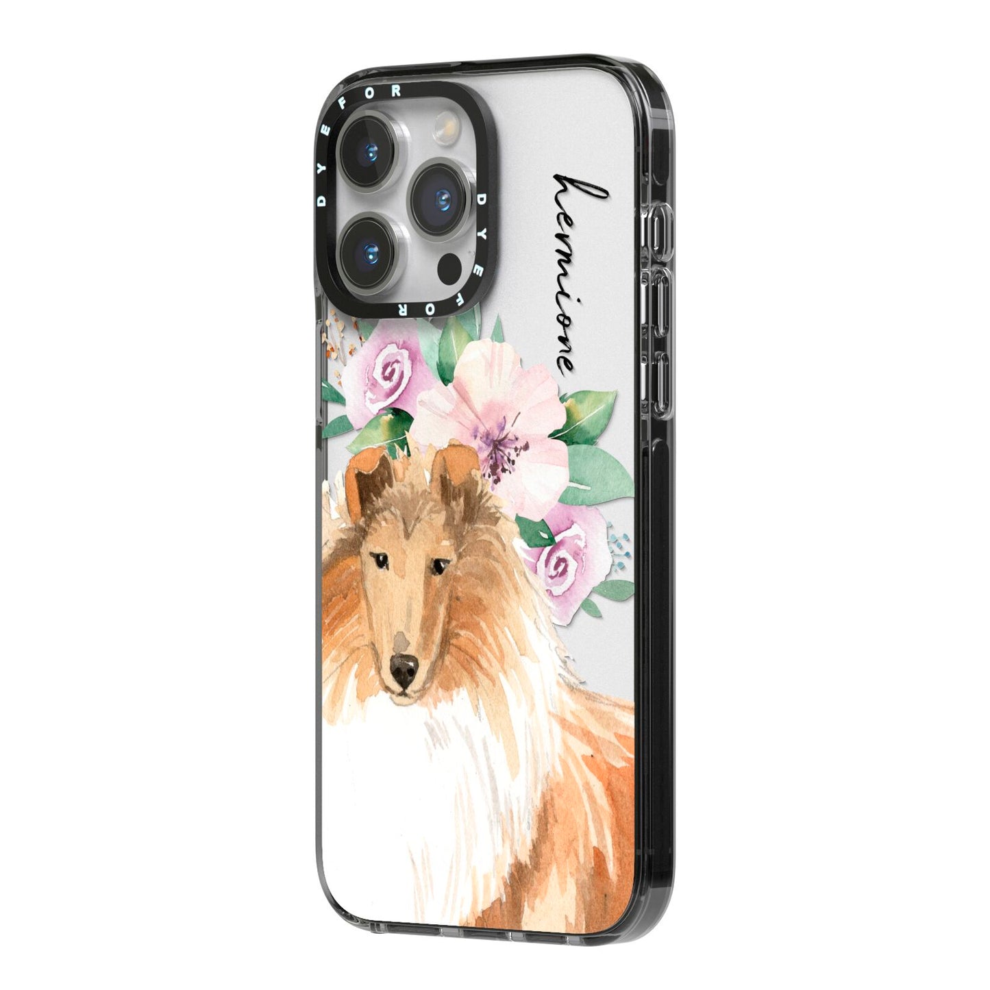 Personalised Rough Collie iPhone 14 Pro Max Black Impact Case Side Angle on Silver phone