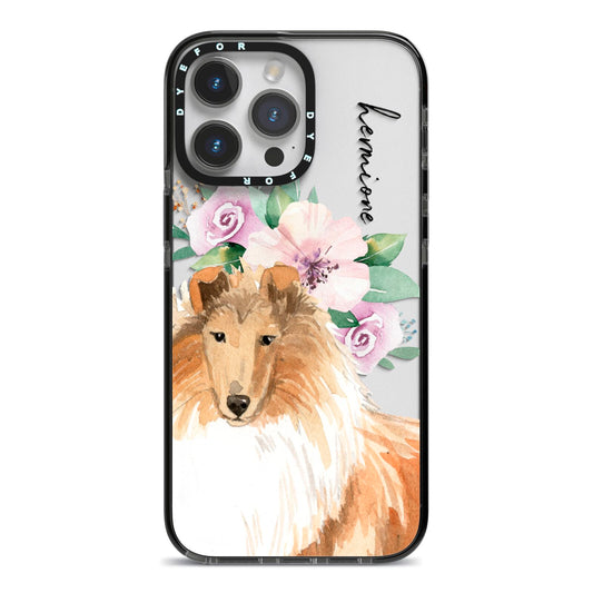 Personalised Rough Collie iPhone 14 Pro Max Black Impact Case on Silver phone
