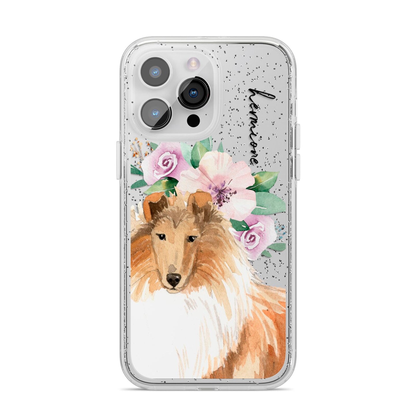 Personalised Rough Collie iPhone 14 Pro Max Glitter Tough Case Silver