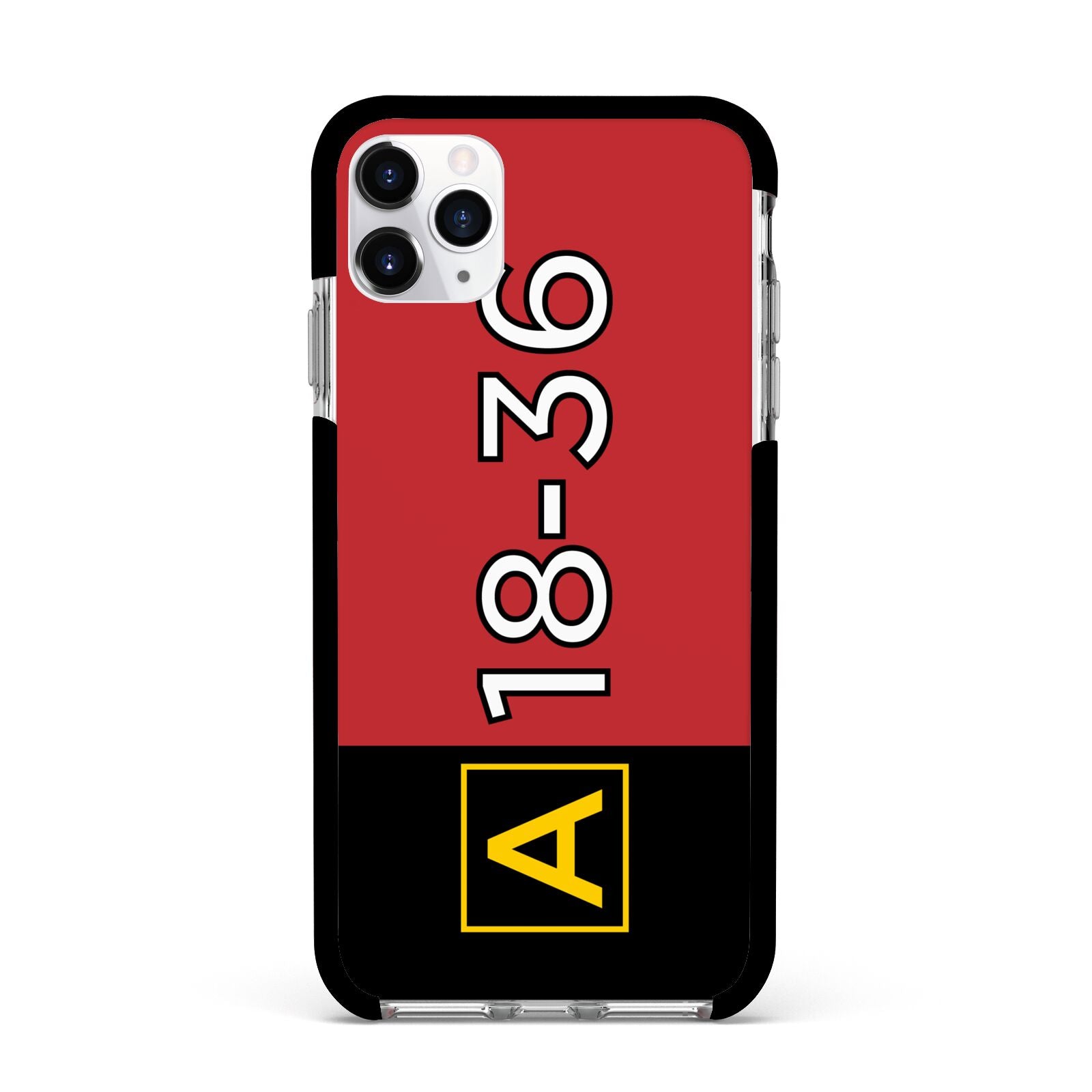 Personalised Runway Holding Position Apple iPhone 11 Pro Max in Silver with Black Impact Case