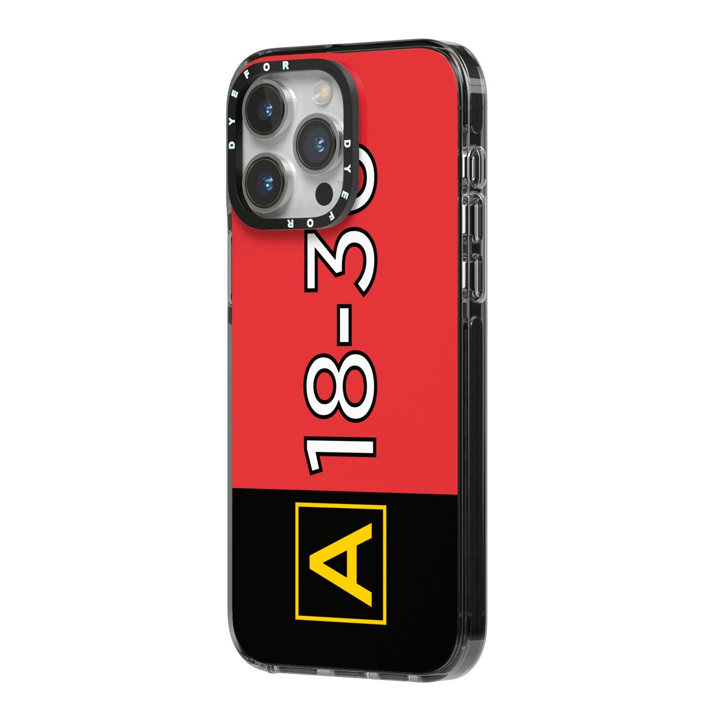 Personalised Runway Holding Position iPhone 14 Pro Max Black Impact Case Side Angle on Silver phone