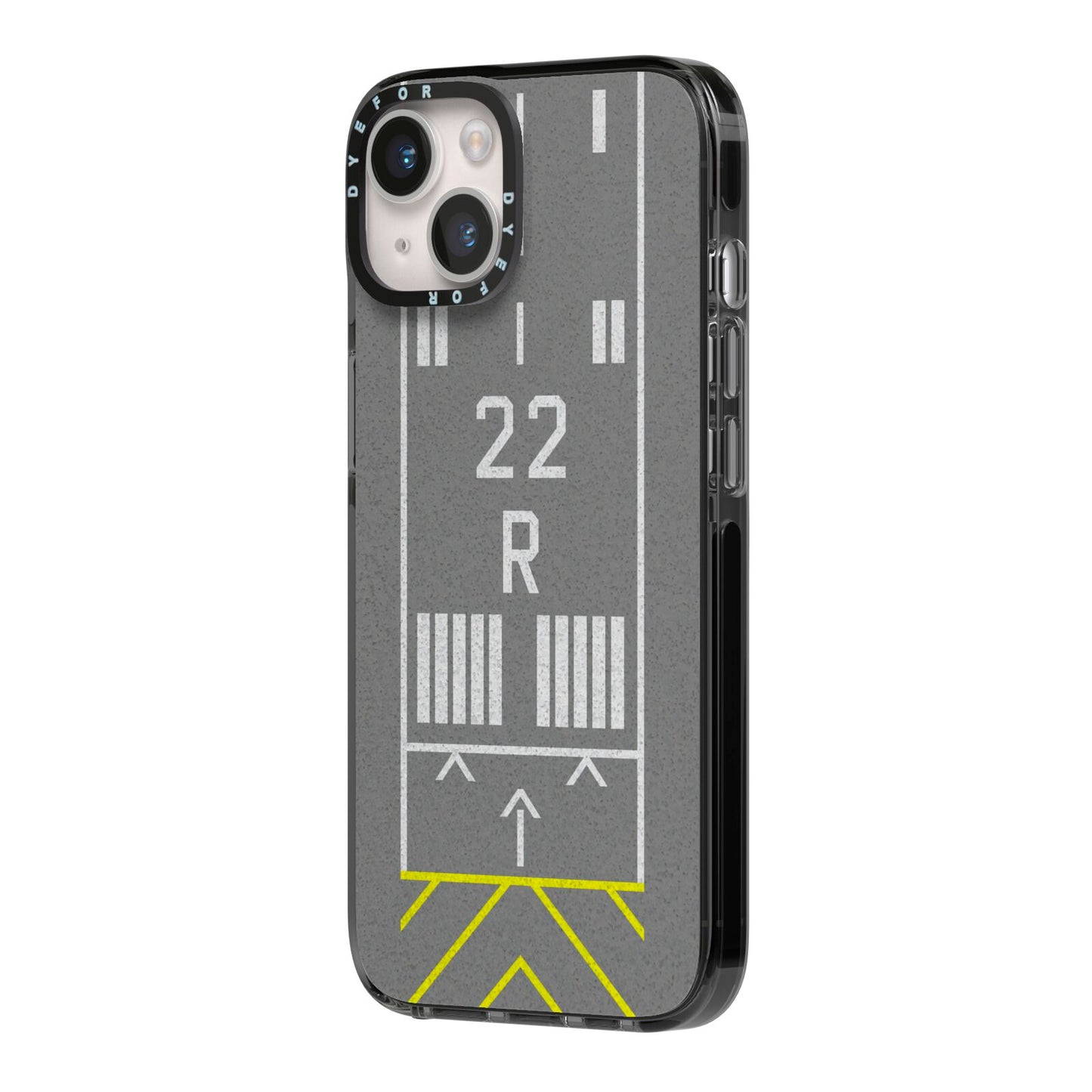 Personalised Runway iPhone 14 Black Impact Case Side Angle on Silver phone